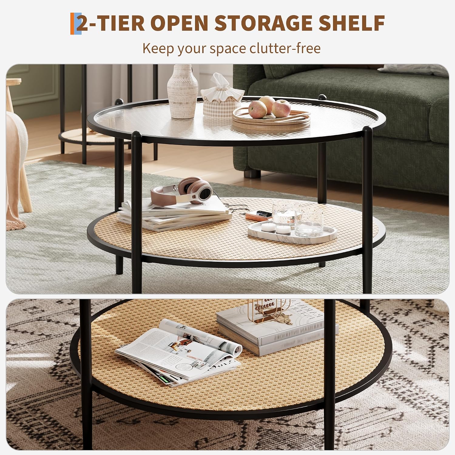 30' Round Rattan Coffee Table, 2-Tier Black Gold Glass Storage Center Table for Living Room, Modern Circle Small Round Coffee Table with Tempered Water-Wave Glass Top & Metal Frame for Bedroom, Office