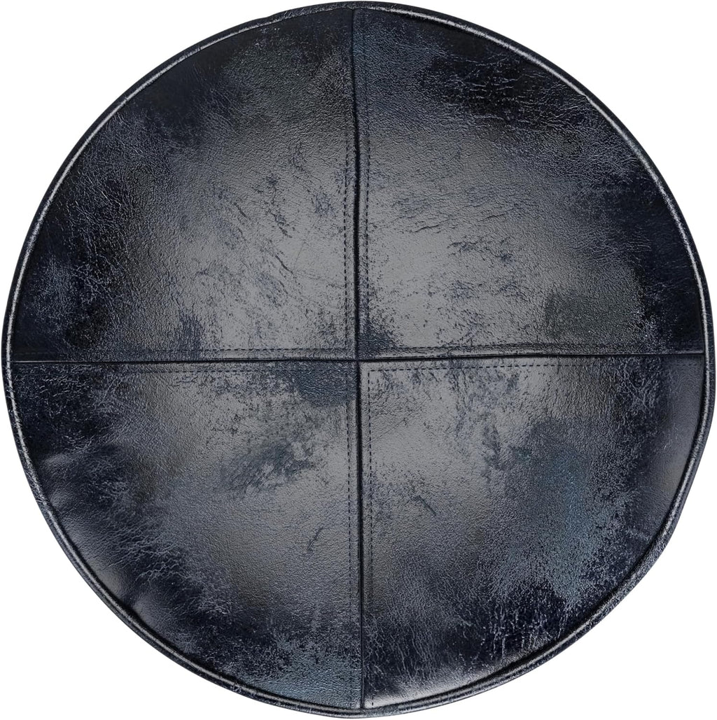 SIMPLIHOME Connor Round Pouf - 18 inch Wide Upholstered Genuine Leather Ottoman in Distressed Navy Blue, Boho Footstool or Extra Seating for Living Room or Bedroom with Polystyrene Filling, Assembled