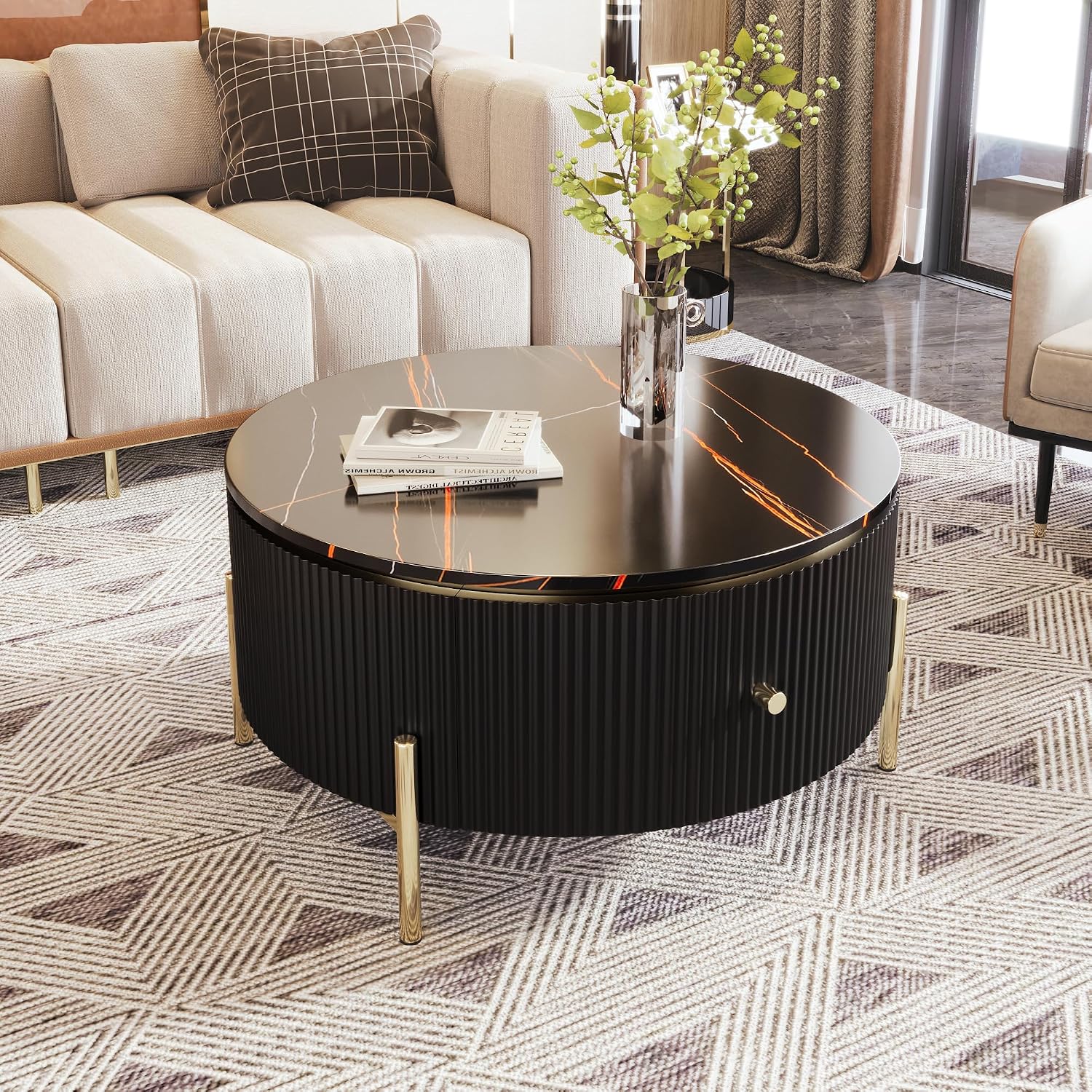 Modern Round Coffee Table with 2 Large Drawers Storage Accent Table for Living Room, Black(31.5'')