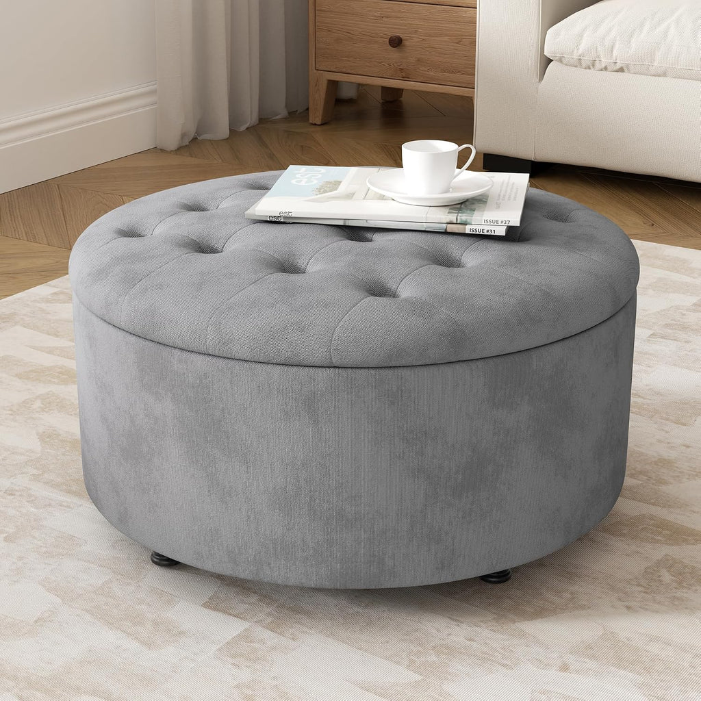 30 Inch Round Storage Ottoman,Modern Tufted Ottomans,Circular Coffee Table with Removable Top,Upholstered Large Ottoman with Storage Footrest Stool for Bedroom Living Room (LIGHTGREY)