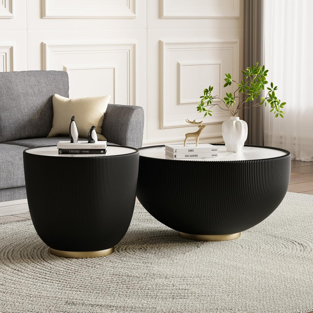 27.55' Round Marble Coffee Table,Black Fluted Coffee Table w/White Sintered Stone Top & PU Leather Covered & Gold Metal Base Modern Bucket Shaped Coffee Cocktail Center Tables for Living Room