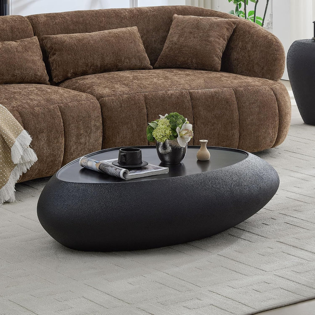 Faux Rock Coffee Table with Lightly Rought Rock Design,Irregular Drum Coffee Table Fiberglass Accent Stone-Like Central Table for Living Room,No Assembly