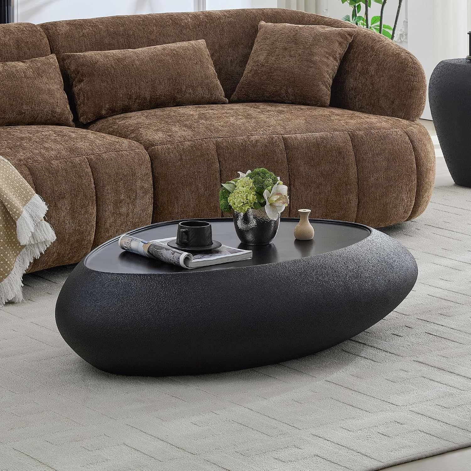 Faux Rock Coffee Table with Lightly Rought Rock Design,Irregular Drum Coffee Table Fiberglass Accent Stone-Like Central Table for Living Room,No Assembly