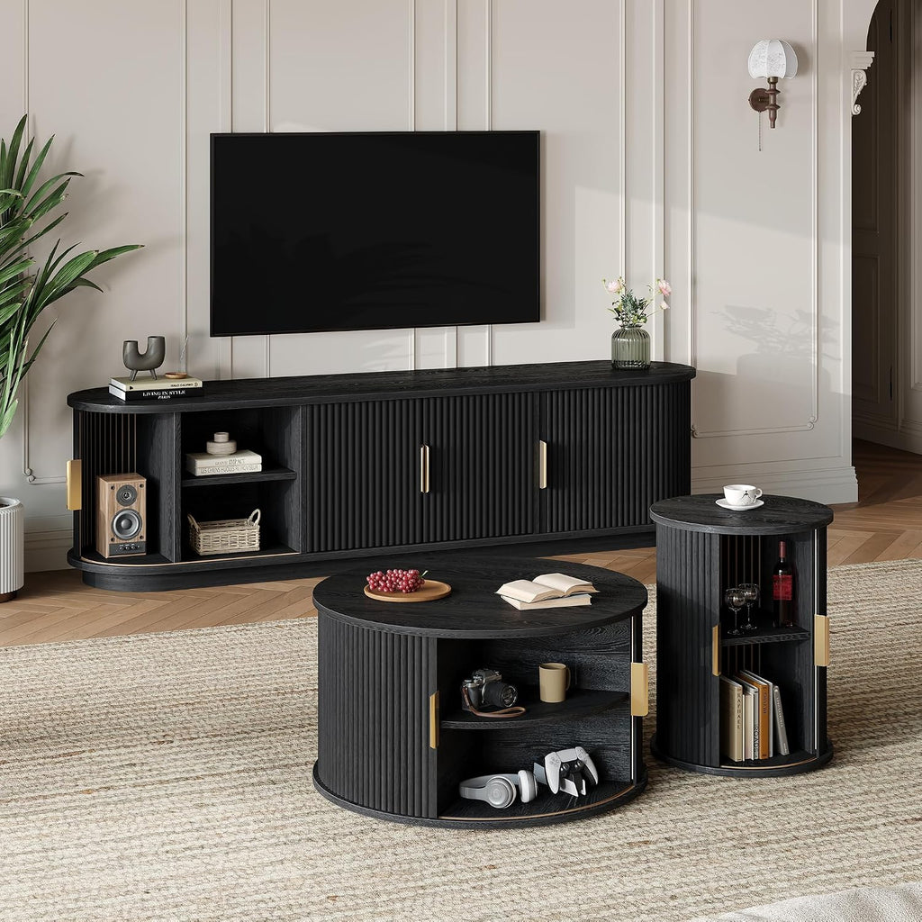 LUMISOL TV Stand and Coffee Table Set of 3, Fluted Entertainment Center with Sliding Doors and Cable Hole for TVs up to 75', Farmhouse Round Center Table for Living Room, Black