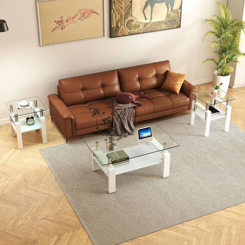 White Glass Coffee Table Sets of 3 for Living Room, Mordern End Table Sofa Side Tables, Metal Leg and Wood Storage 2 Tier, Rectangle