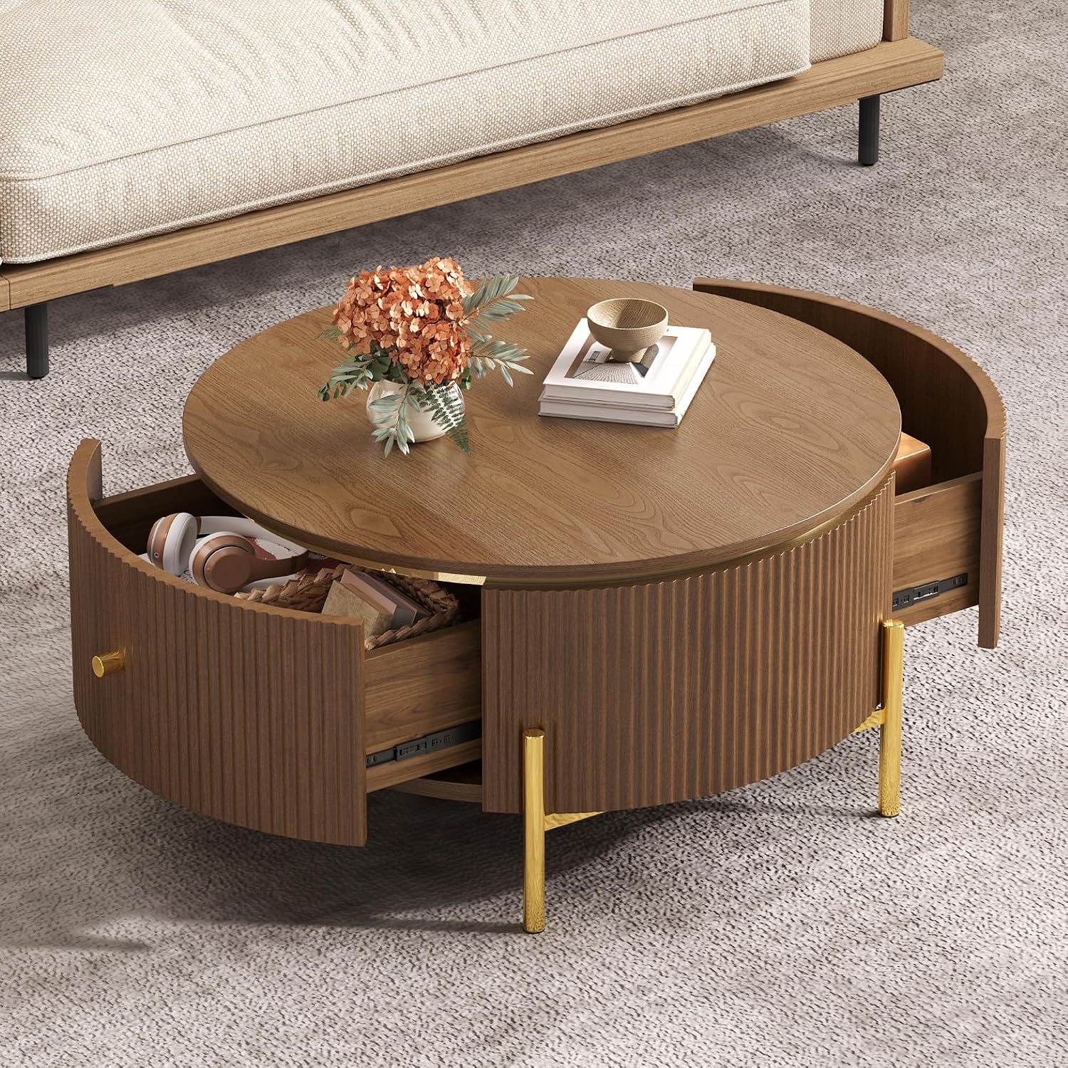 Modern Round Coffee Table with 2 Large Drawers Storage Accent Table, Brown, 31.5'