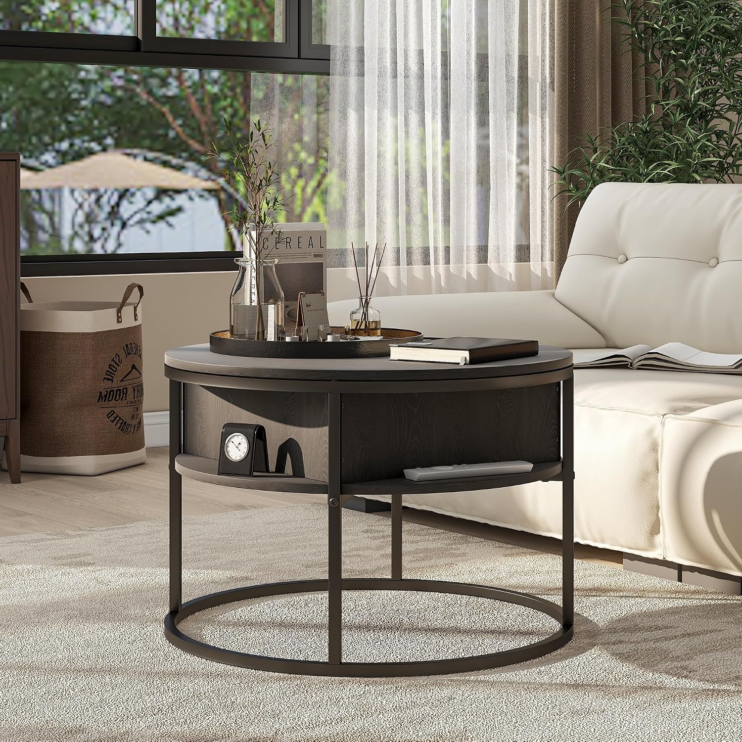 HOJINLINERO Round Lift Top Coffee Table,with Storage Hidden Compartment,Wood Farmhouse Coffee Table Decor