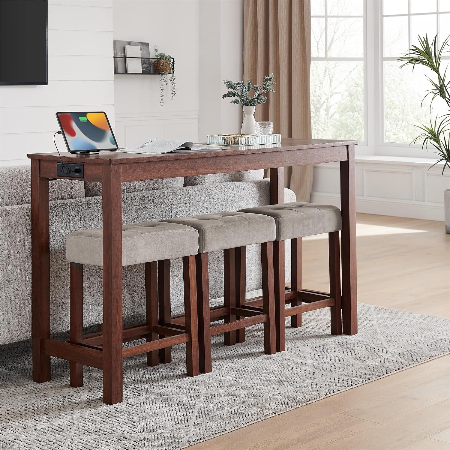 Merax 59 Inch Industrial Bar Table Set with Power Outlet & 3 Stools, Kitchen Dining Table with Charging Station, Counter Height Workstation for Small Space,Cherry