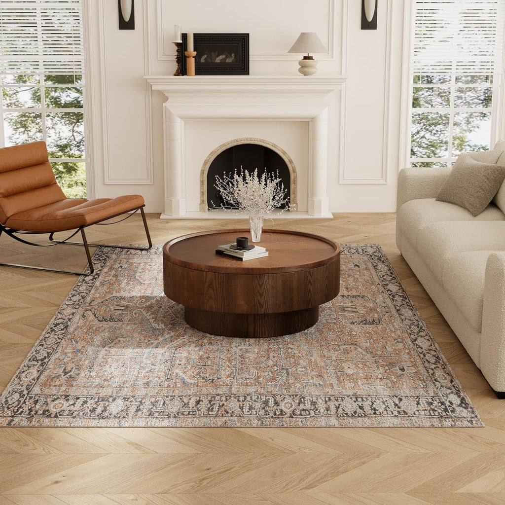 30.7'' Round Storage Coffee Table, Modern Drum Coffee Tables with Solid Wood Veneer, Wooden Circle Center Table for Living Room, Small Spaces, and Apartments, Easy Assembly