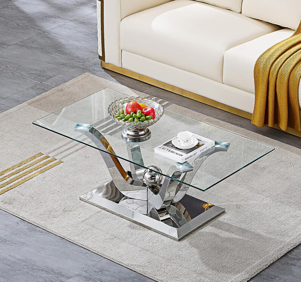 SSLine Modern 1 Piece Living Room Coffee Table Luxury Tempered Glass Coffee Table with Flower-Shaped Stainless Steel Base for Living Room Bedroom Office (1 Coffee Table)