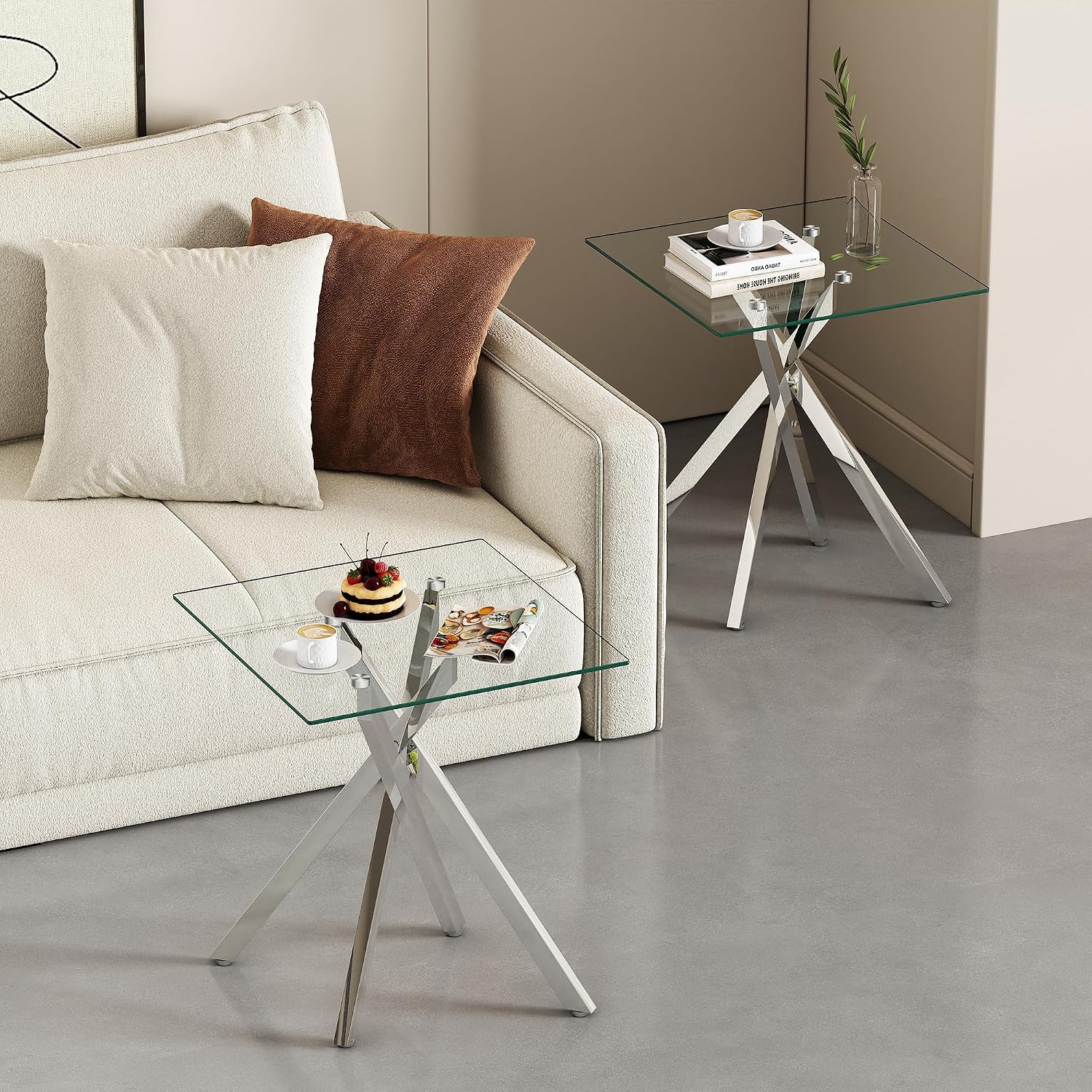 Glass 3 Piece Living Room Table Set,Glass Coffee Table and End Table Sets,Accent Table Sofa Table Sets with X-Designed Metal Legs and Tempered Glass Tabletop for Living Room Furniture (3, Silver)
