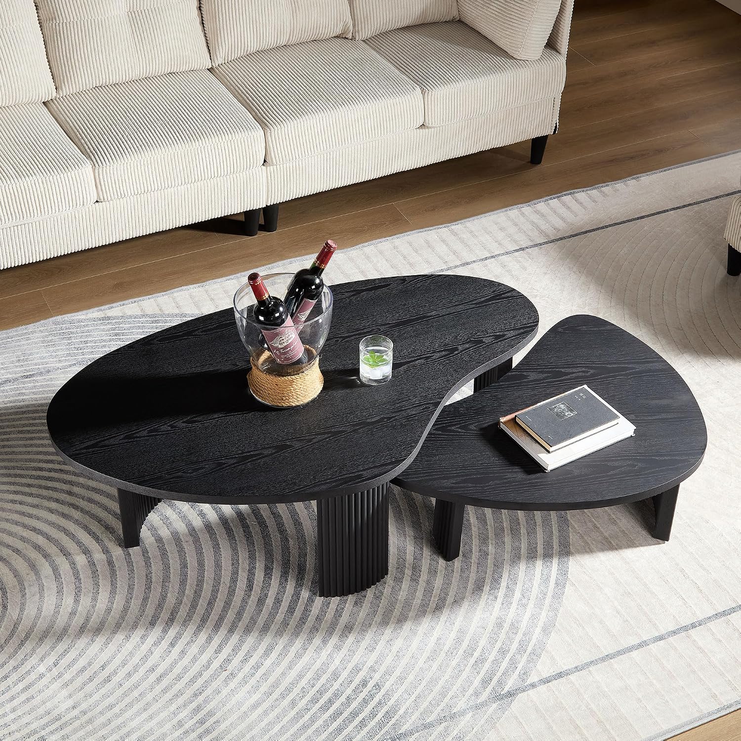 Nesting Coffee Table Set of 2, Modern Irregular Nesting Tables Wooden Center Circle Accent Tea End Side with Fluted Legs for Living Room, Apartment, Office 49.41' W Black