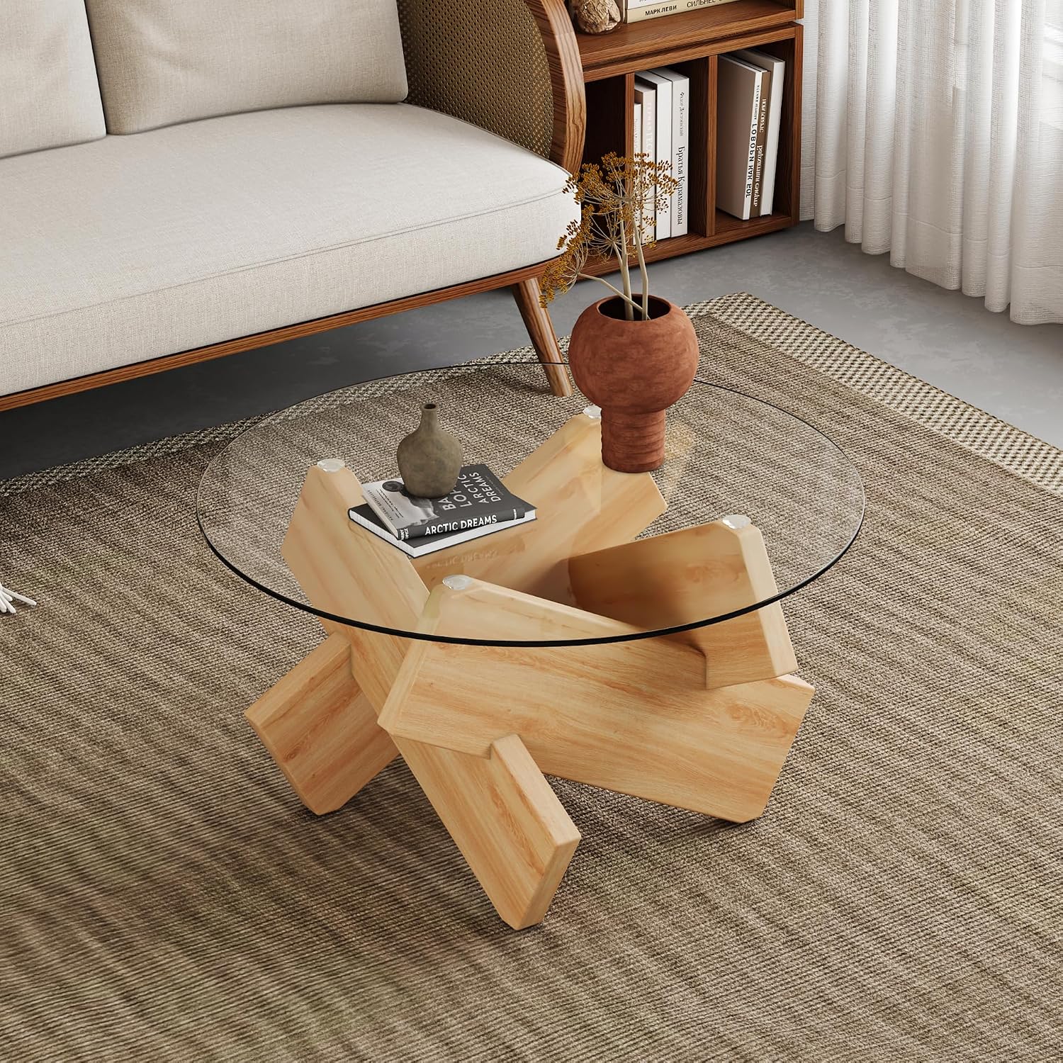 33.4'' Tempered Glass Round Coffee Table for Living Room, Modern Circle Coffee Table, Glass Tabletop & Wood Base, Easy Assembly, Transparent