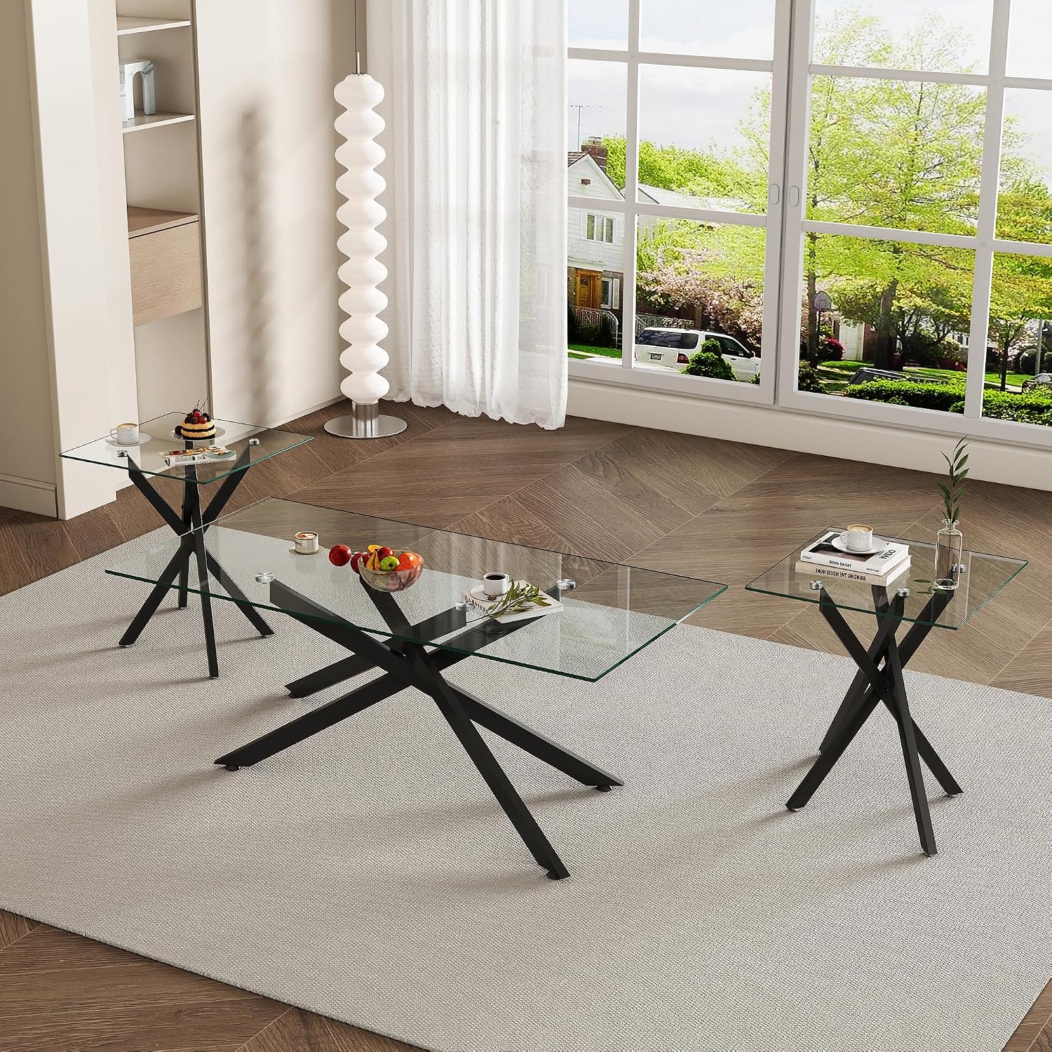 Glass Coffee Table Set of 3 Piece, Living Room Tables Set of 3 Pcs, Including 1 Coffee Table and 2 End Side Tables, Metal Frame, Tempered Glass, for Small Space, Apartment (Black, W39.37' + W17.72')