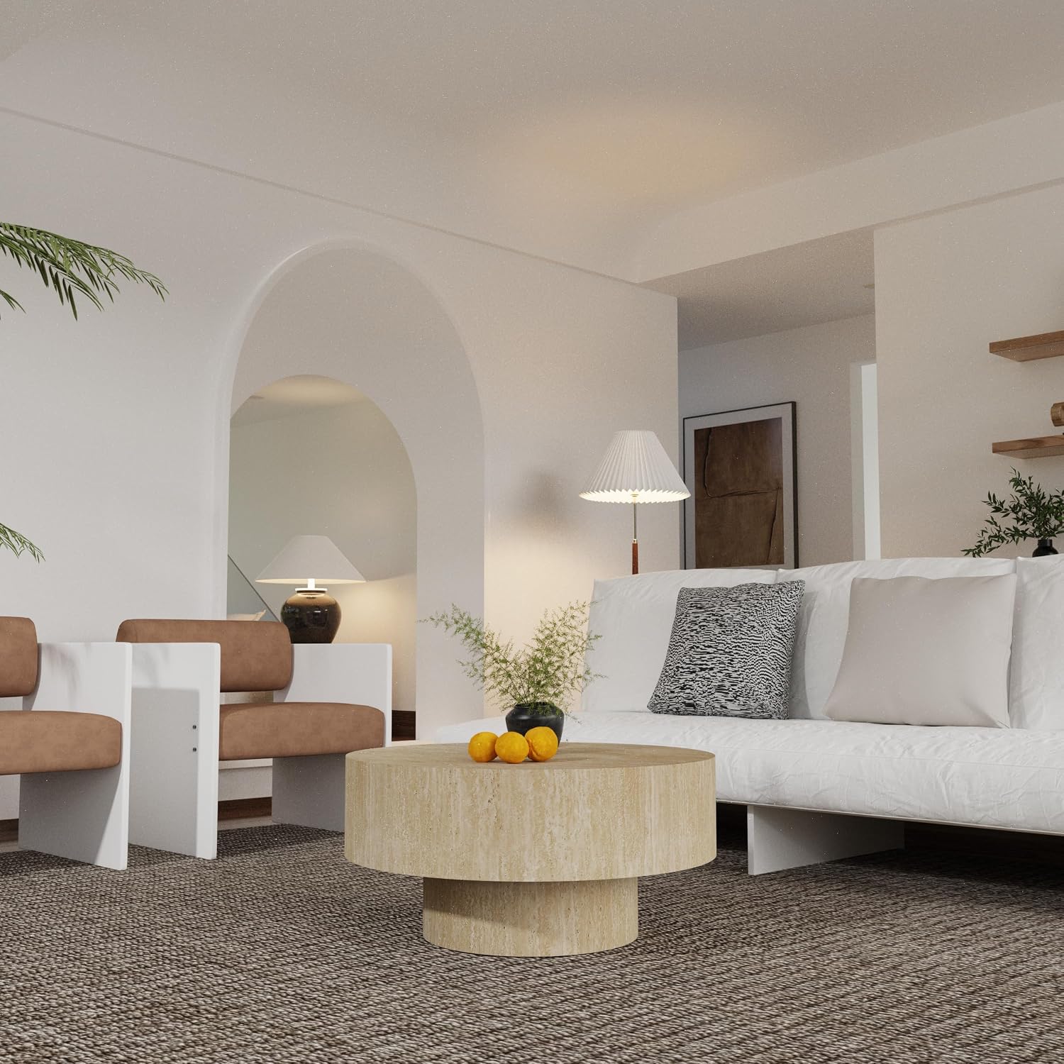 Round Fluted Coffee Table Round Drum Coffee Table for Living Room Modern Circular Pedestal Center Table (Circle Travertine 29.9in)