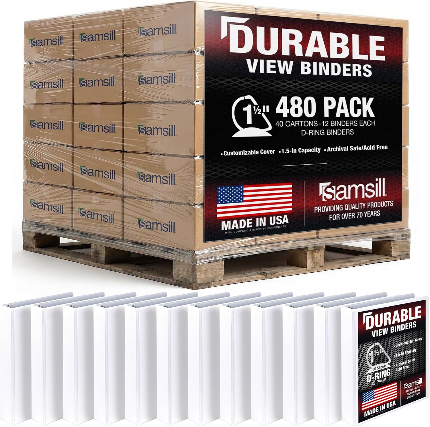 Samsill Durable 1.5 inch 3 Ring Binder, Made in USA, D Ring Binder, 100% Recycled Chipboard, White, Pallet of 480 Binders in 40 Cartons