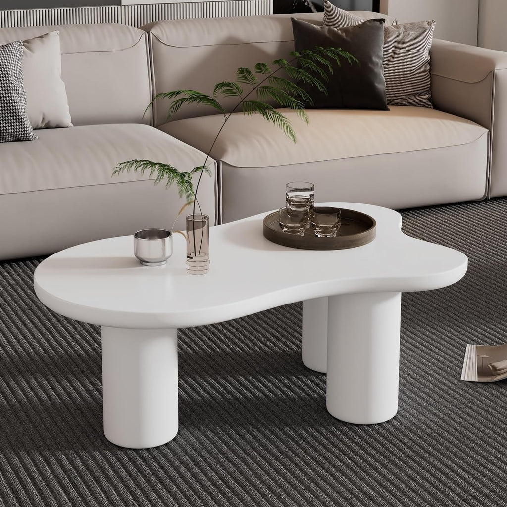Merax 44' W Irregular Cloud Style White Coffee Table with 1.5' Thickness Tabletop, Wooden End Table Center Table with Round Edge and 3 Sturdy Legs for Living Room or Bedroom