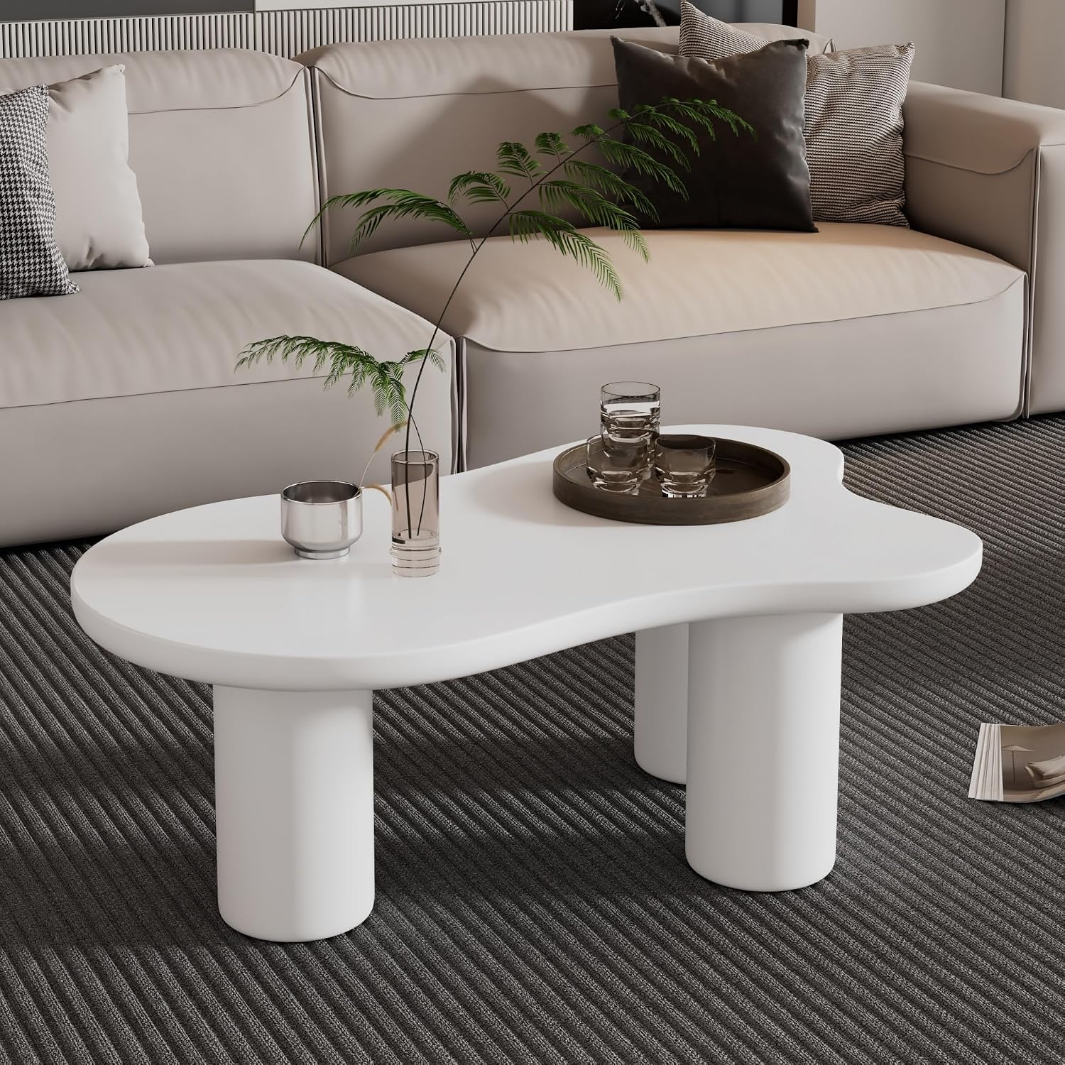 Merax 44' W Irregular Cloud Style White Coffee Table with 1.5' Thickness Tabletop, Wooden End Table Center Table with Round Edge and 3 Sturdy Legs for Living Room or Bedroom