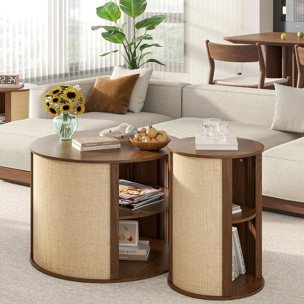 Walnut Round Coffee Table Set of 3, 2-Tier Boho Mid Century Modern Wooden Circle Center Coffee Table and End Table Sets with Adjustable Shelf, Sackcloth Finish, Farmhouse, for Living Room