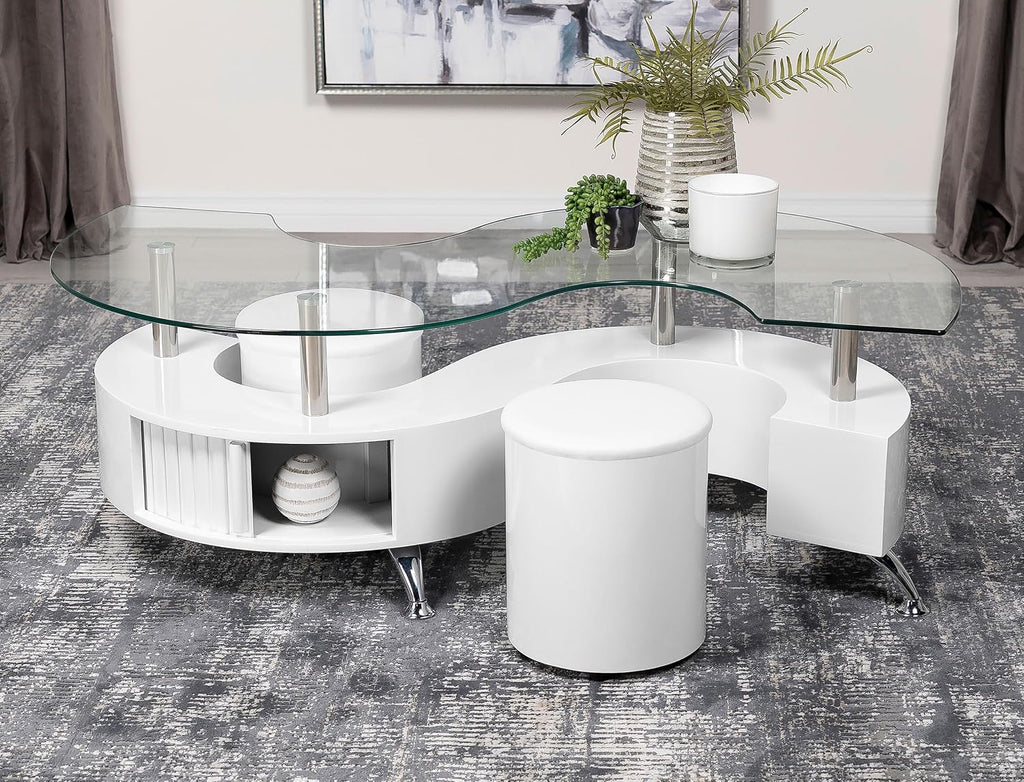 Coaster Home Furnishings - Buckley - Wood and Glass - 3-Piece Coffee Table and Stools Set - Curved Serpentine Shape, Faux Leather Upholstered Stools - Living Room - 51-Inch - White High Gloss - 703400
