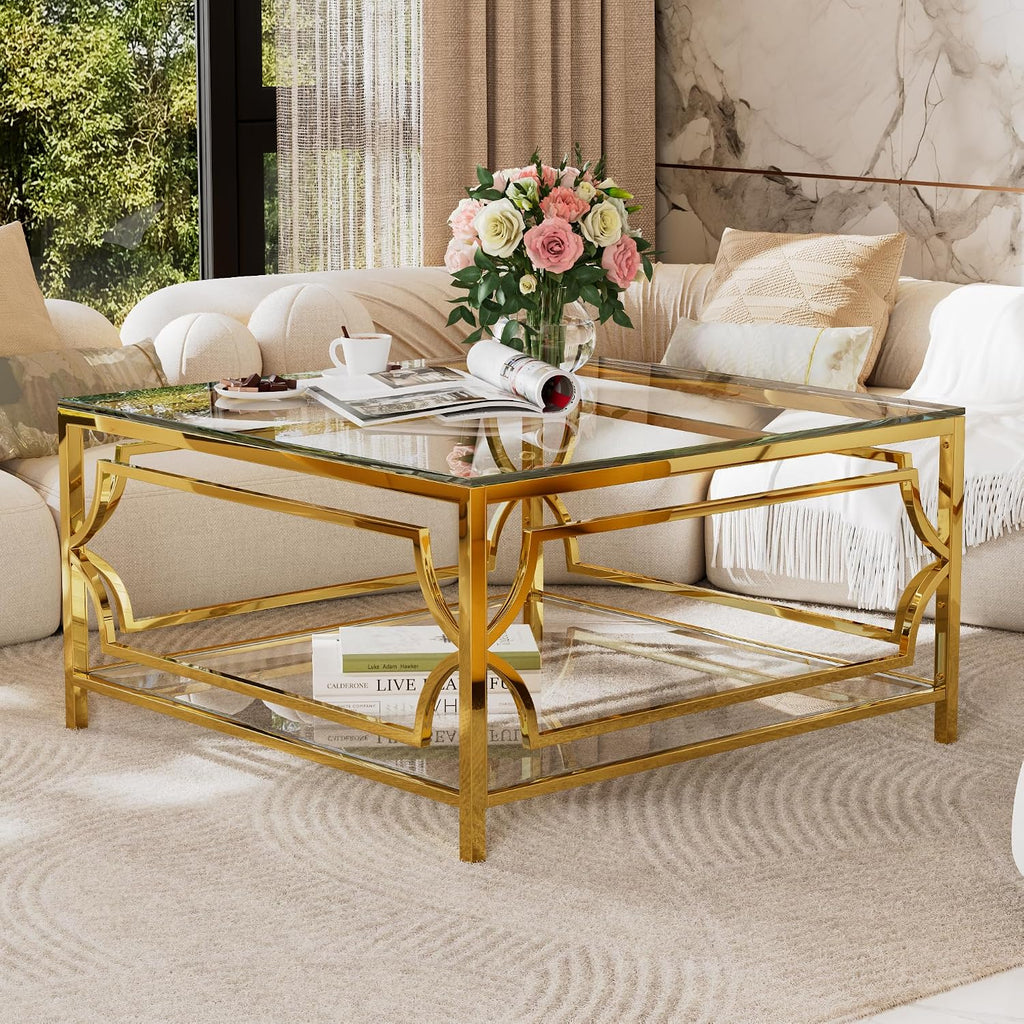 33.5' Square Glass Coffee Table with Storage, Modern 2-Tier Tempered Glass Accent Coffee Table with Metal Frame for Living Room, Minimalist Gold Cocktail Center Table for Office, Apartment
