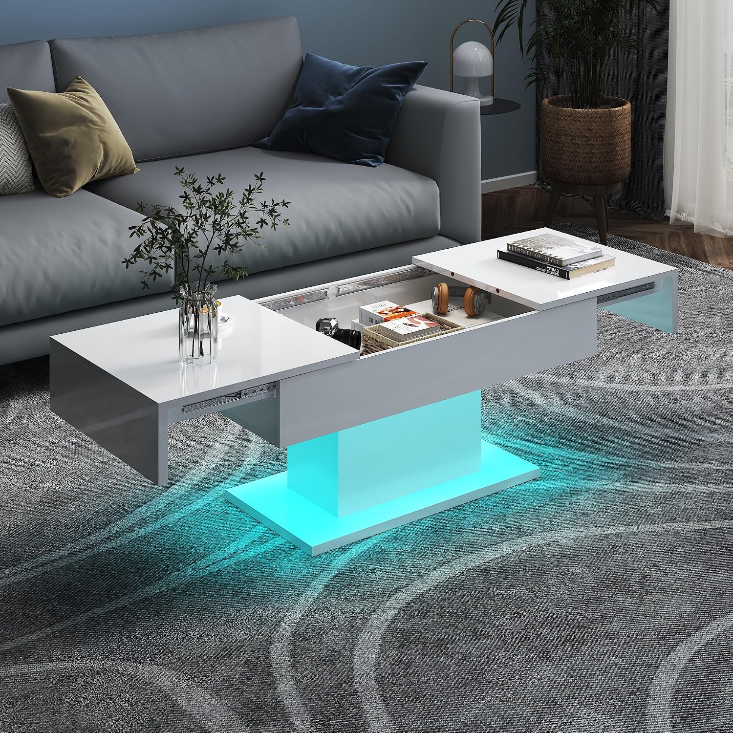 HedoAjim White LED Coffee Table with Storage for Living Room, Living Room Table Rectangular Center Table, Modern High Glossy Wooden Coffee Tables with 16 Colors LED Lights for Dining Reception Room
