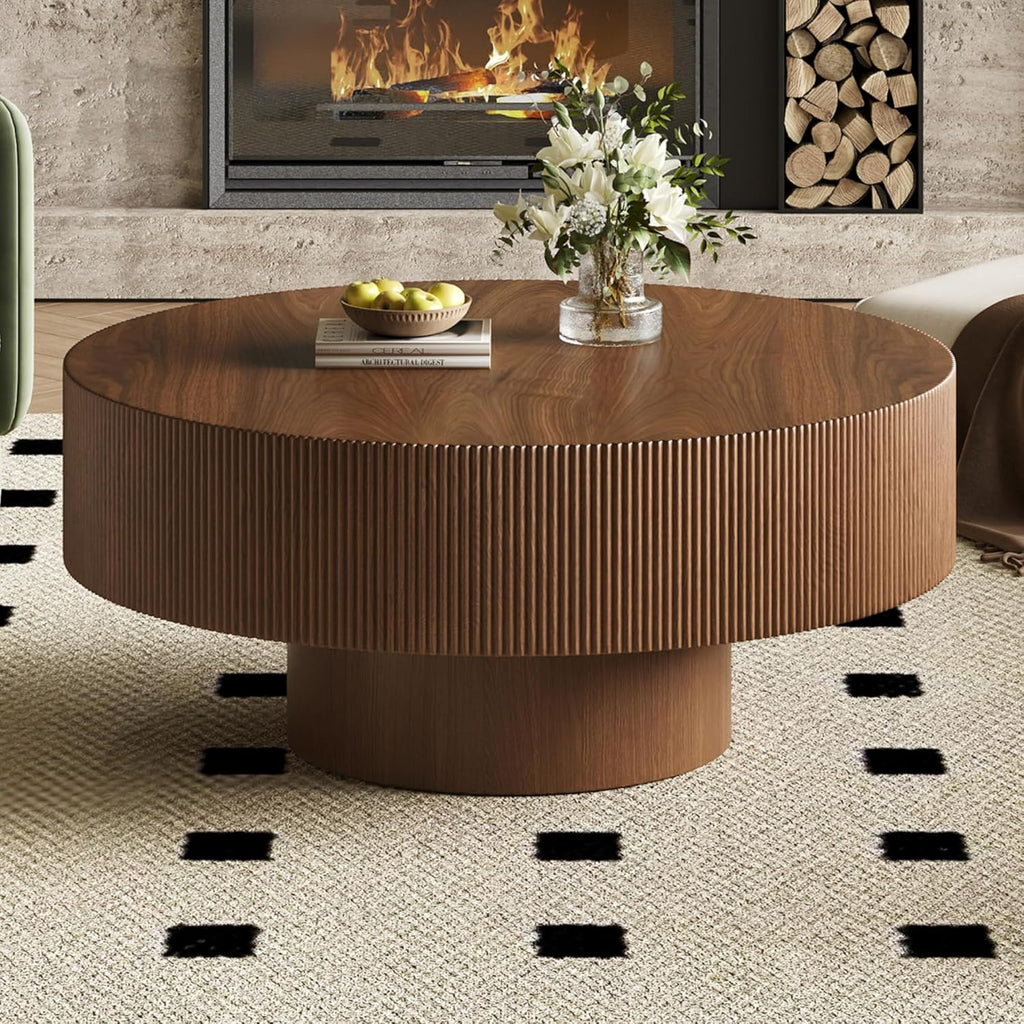 Merax Modern 35.4 Inch Round Large Coffee Table with Sturdy Base, Wood Center Table with 6.8' Thick Tabletop for Living Room Reception Room, Easy Assemble, Walnut
