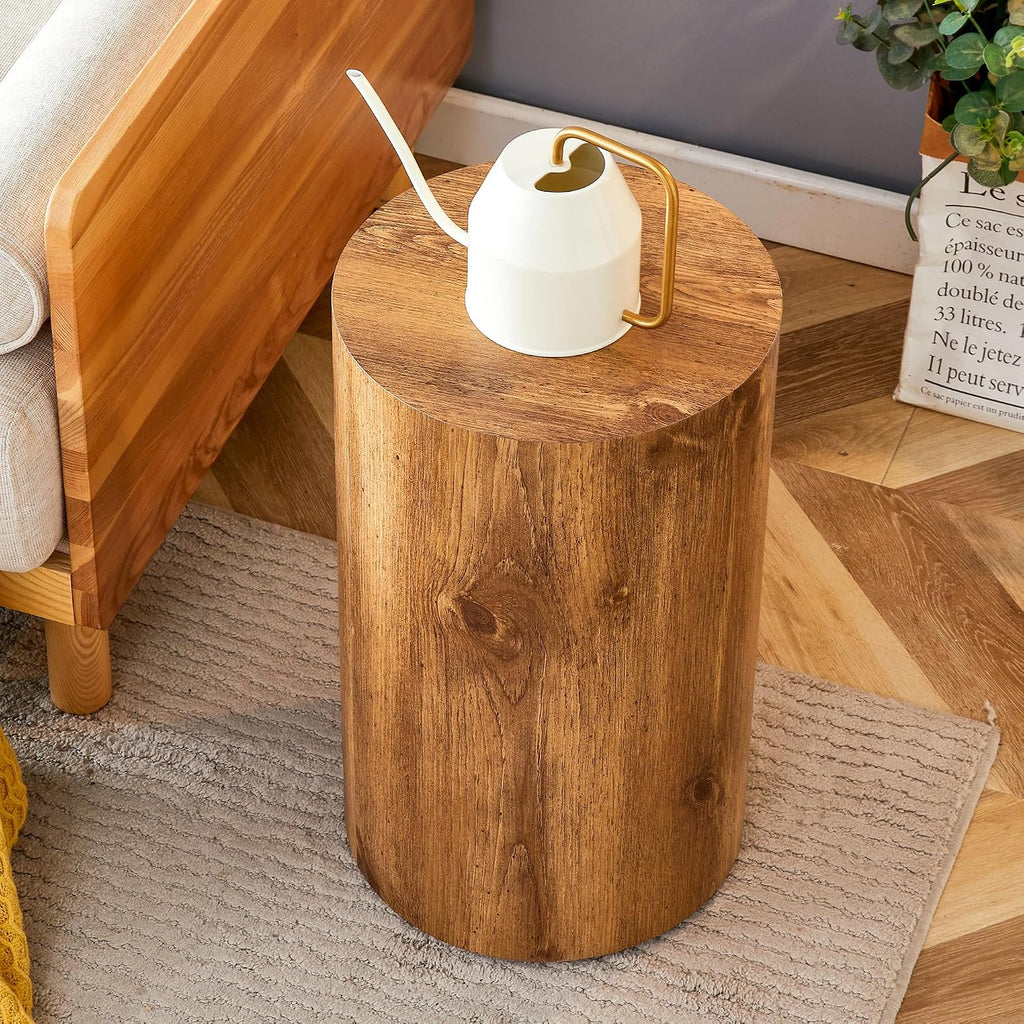 Rustic Brown Small Coffee Table Modern Drum-Shape Bedside Table Nightstand for Bedroom Living Room Round Wood Side End Table Beside Sofa Couch -Fully Assembled (12 x 12 x 19.7 H)