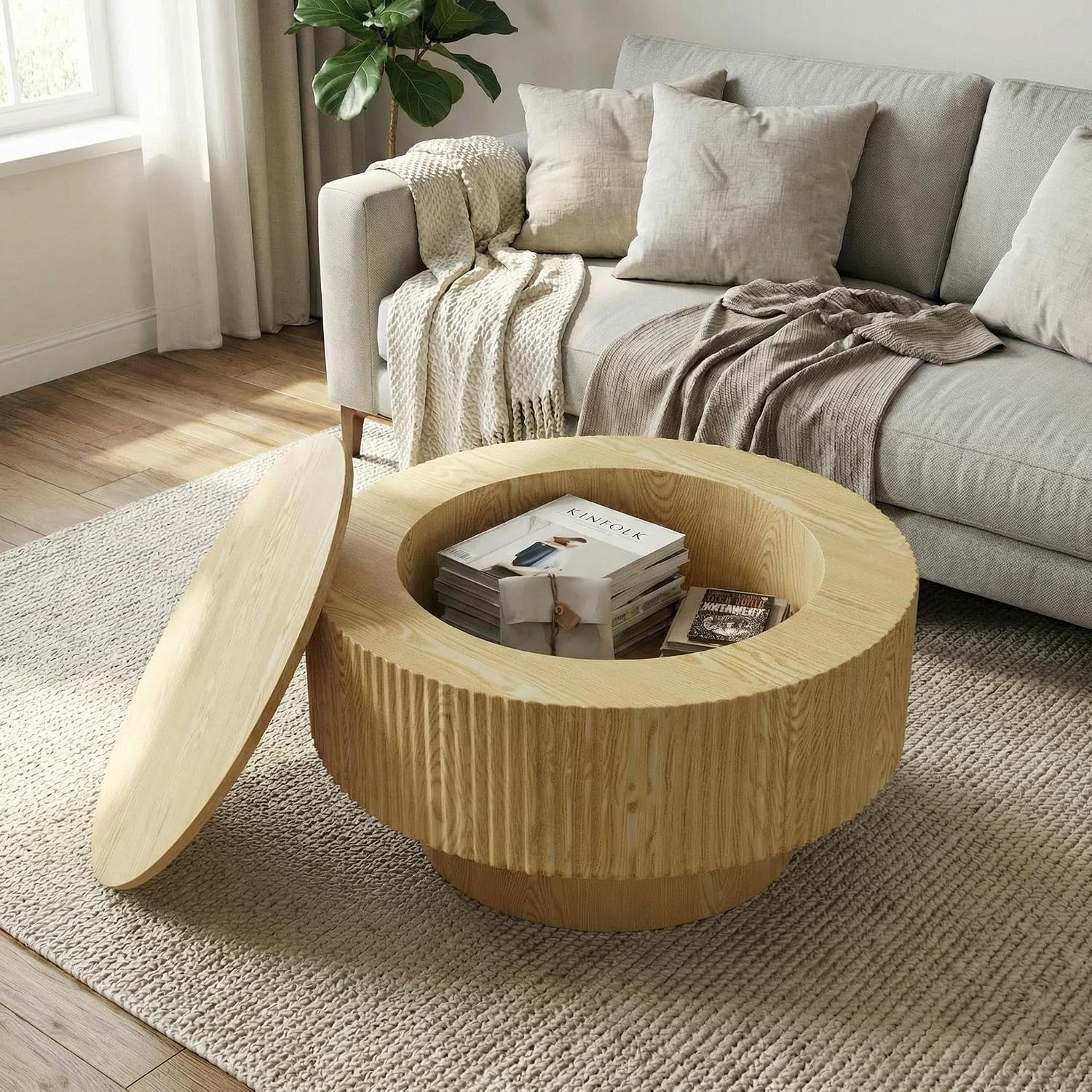 Round Coffee Table, Fluted Coffee Table with Storage, Modern Living Room Table Beside Sofa, Circle Coffee Table for Living Room, Couch, Conference Room