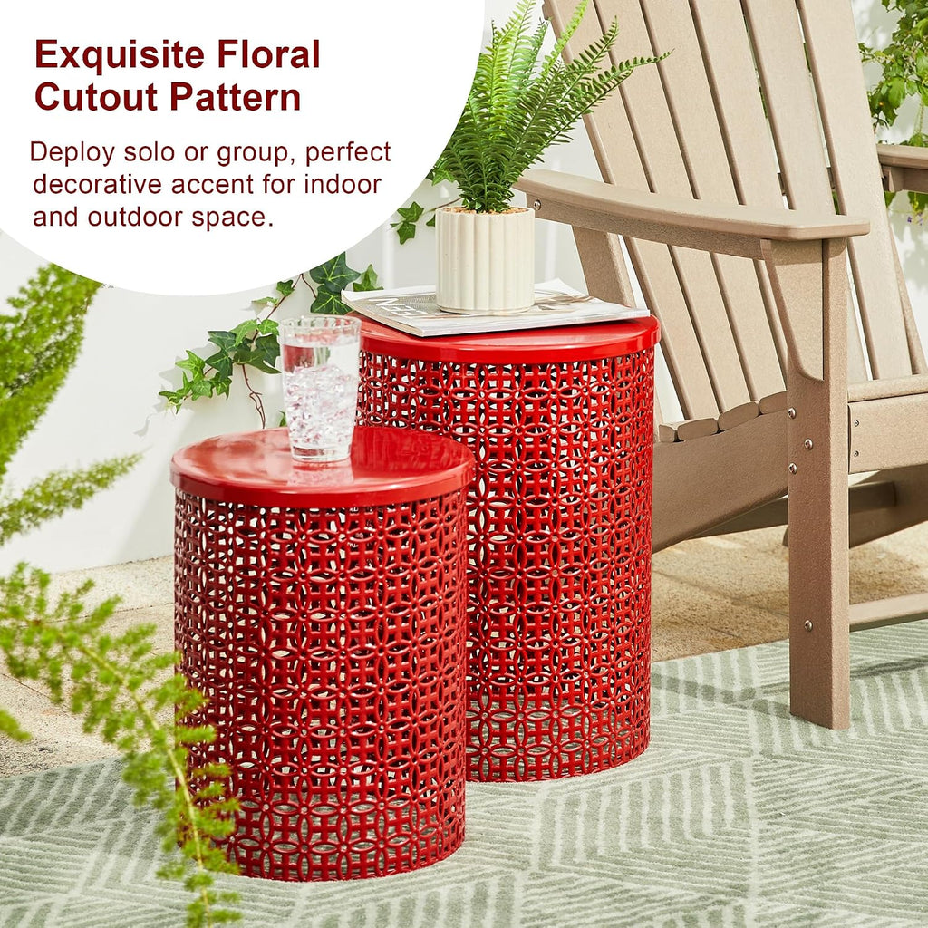Glitzhome Accent Tables Living Room Set of 2, Round Metal Side End Table, Small Circle Coffee Bedside Table, Planter Stand for Couch Nightstand Bedroom Patio Backyard, Glossy Red