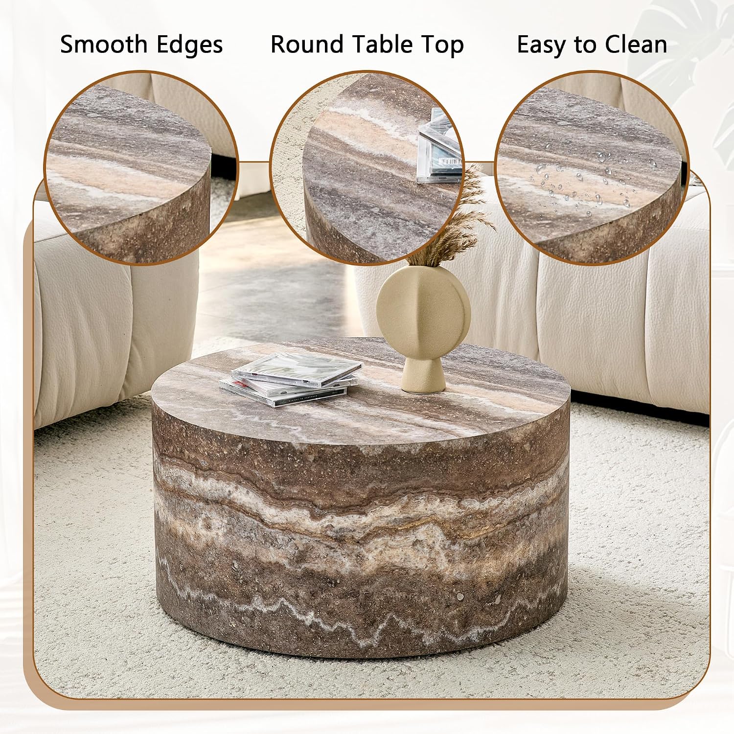Round Coffee Table, 23.6' Modern Grey Faux Marble Drum Coffee Table, Round Accent Center Table for Living Room Apartment Small Spaces, No Assembly Required