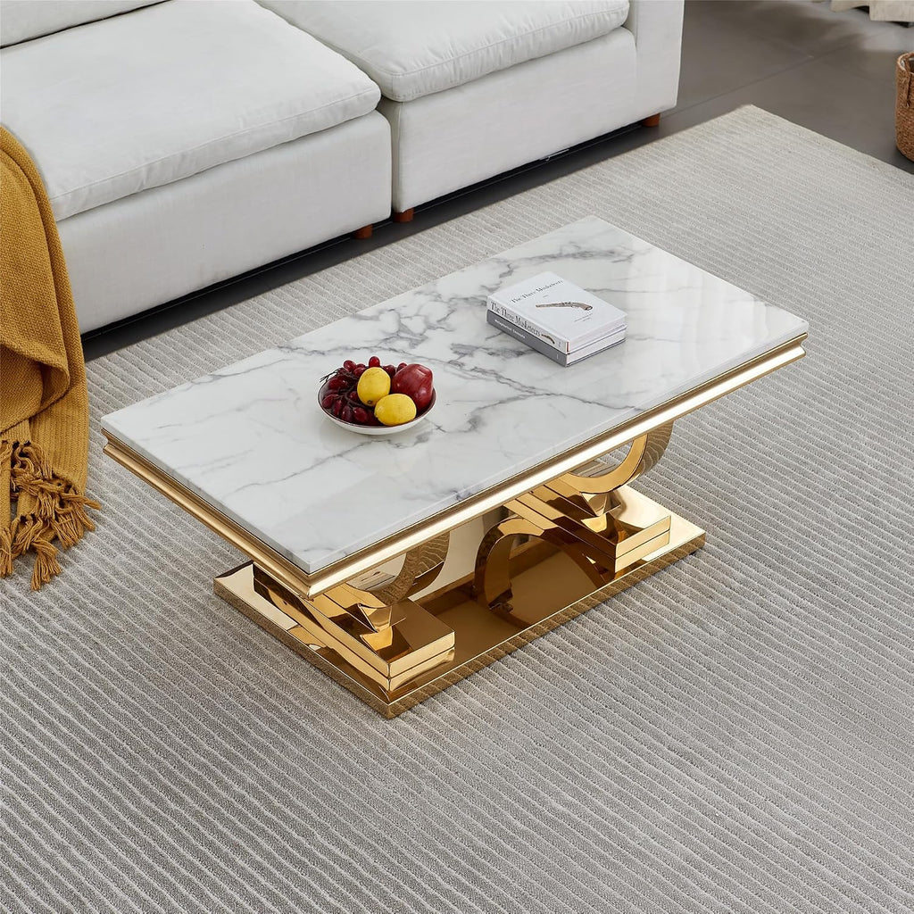 Marble Coffee Table, 47' White Faux Marble Rectangular Cocktail Tables with Mirrored Finish Double O-Shape Stainless Steel Base, Central Cocktail Tea Table for Living Room Office, Gold