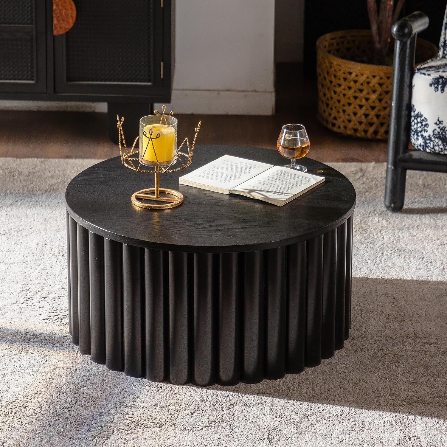 ø27.55'' Round Lift Top Coffee Table with Hidden Storage Space, Modern Drum Handcraft Wood Fluted Coffee Table for Living Room, No, Assembly, Black