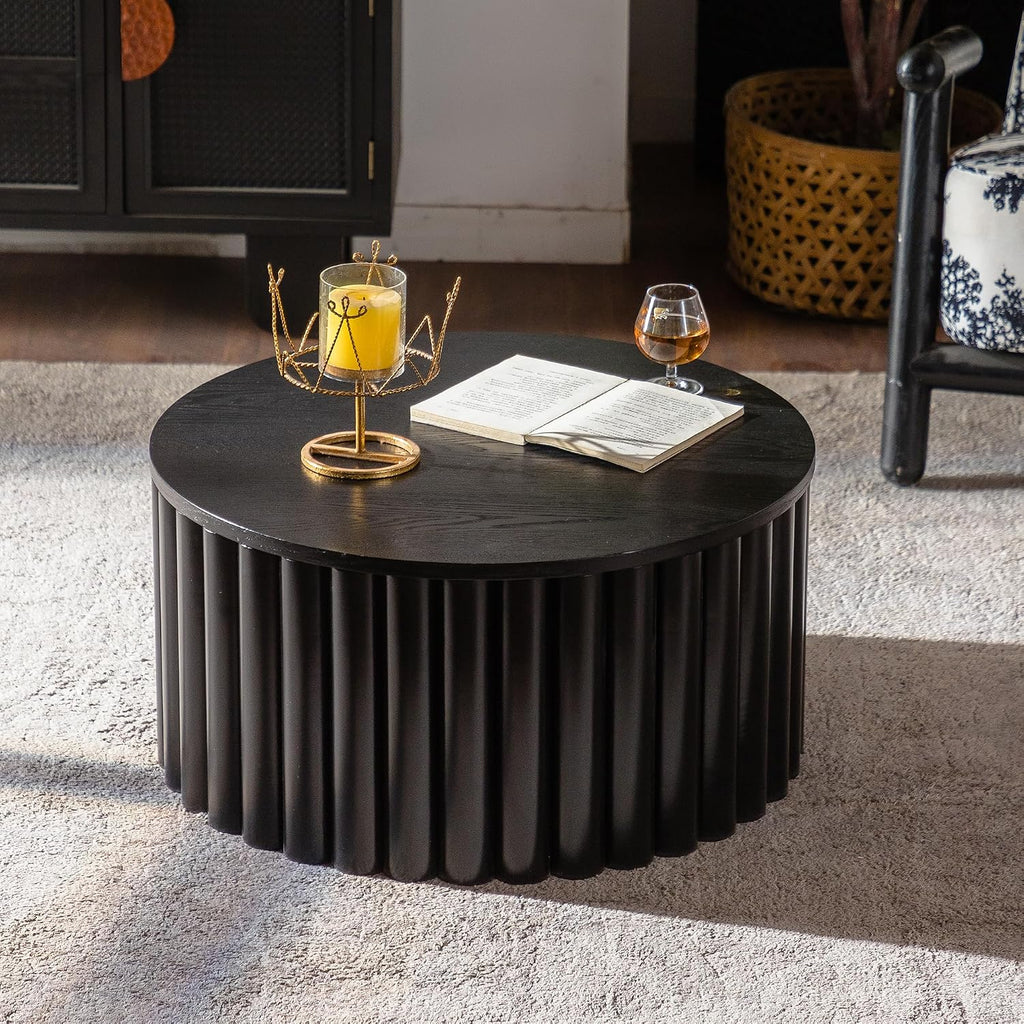 WILLIAMSPACE 27.56' Round Lift-Top Coffee Table with Hidden Storage & Sturdy Pedestal, Modern Wooden Center Accent End Tea Table, No Need Assemble, Black