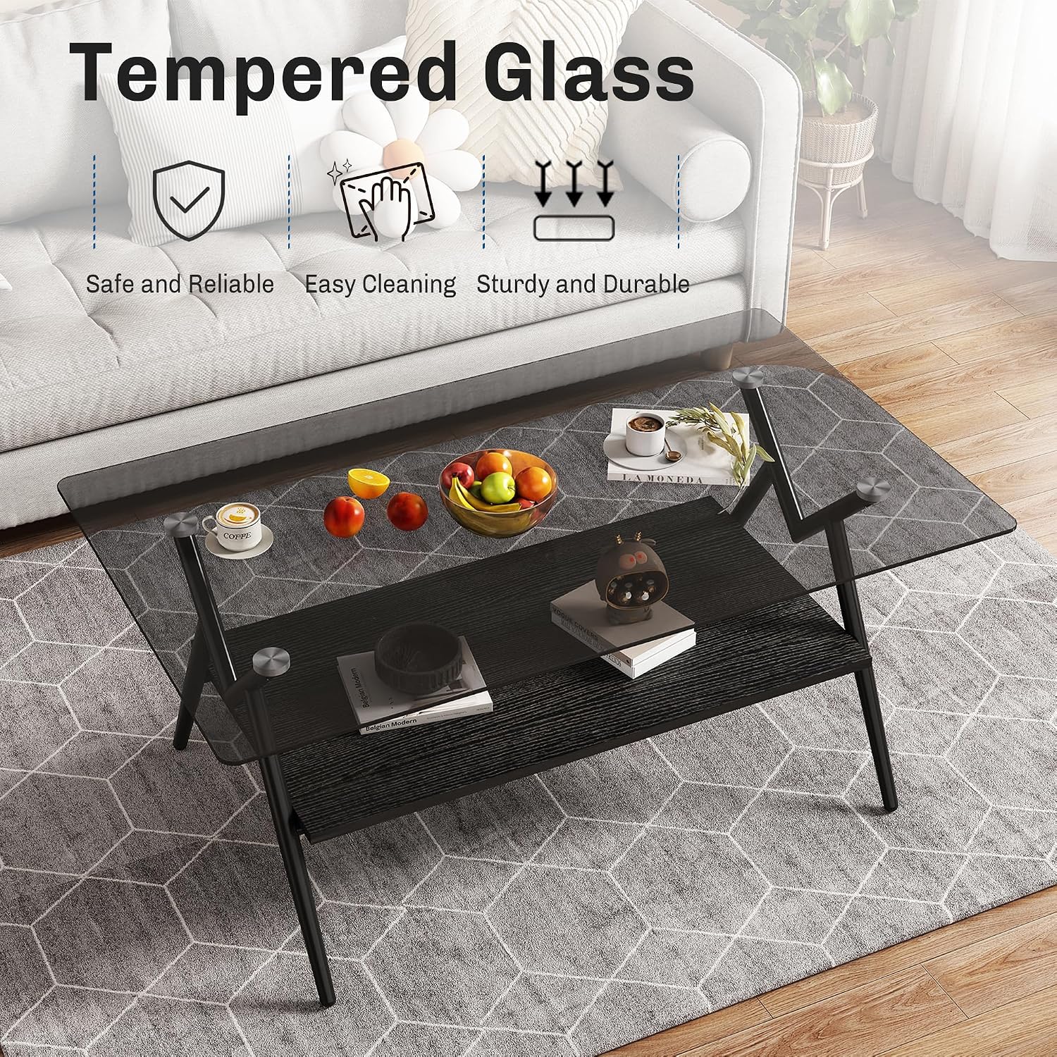 Grey Glass Coffee Table Sets of 3 Modern Living Room Table Set End Tables with Black Metal Legs and Wood Bottom Shelf, Center Cocktail Furniture (Grey Black)