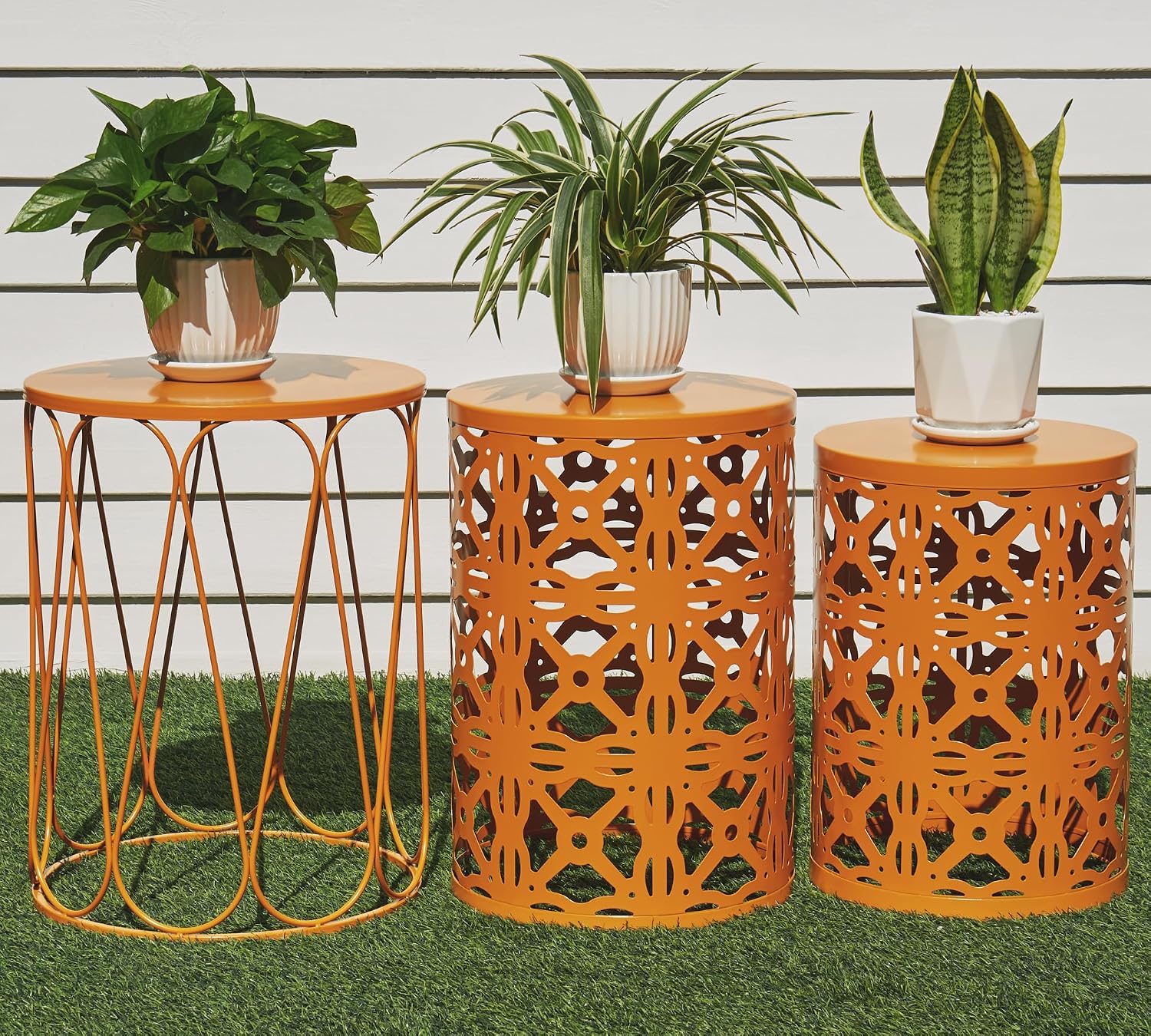 HFHOME Set of 3 Metal Outdoor Side Table, Nesting Round Coffee Table for Indoor Outdoor, Heavy Duty End Tables Plant Stand Living Room Garden Stool - Orange