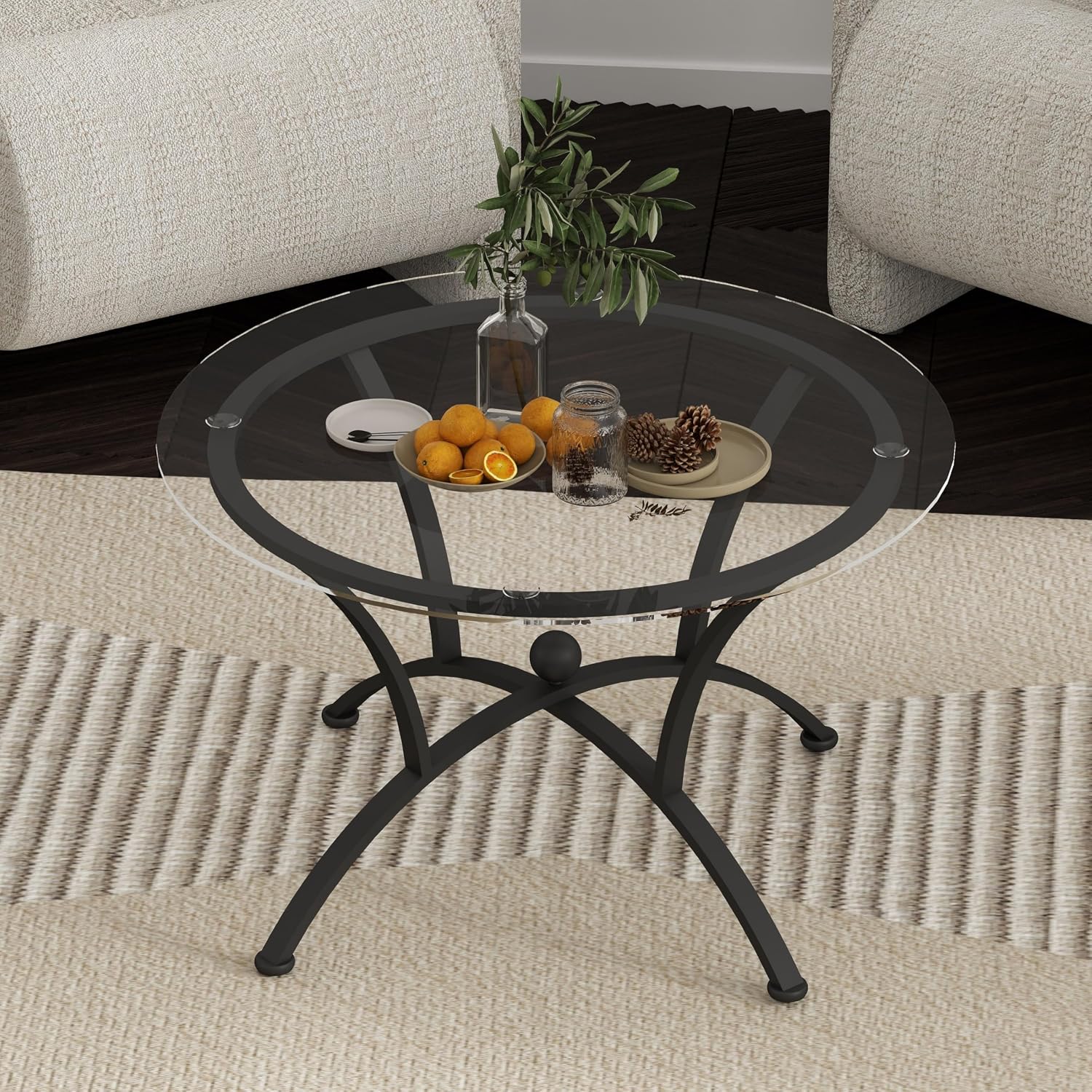 Glass Coffee Table Sets of 3 for Living Room,30' Mordern Round End Tables,Tempered Glass Top with Rustic Black Metal Frame, Sturdy Nesting End Tables