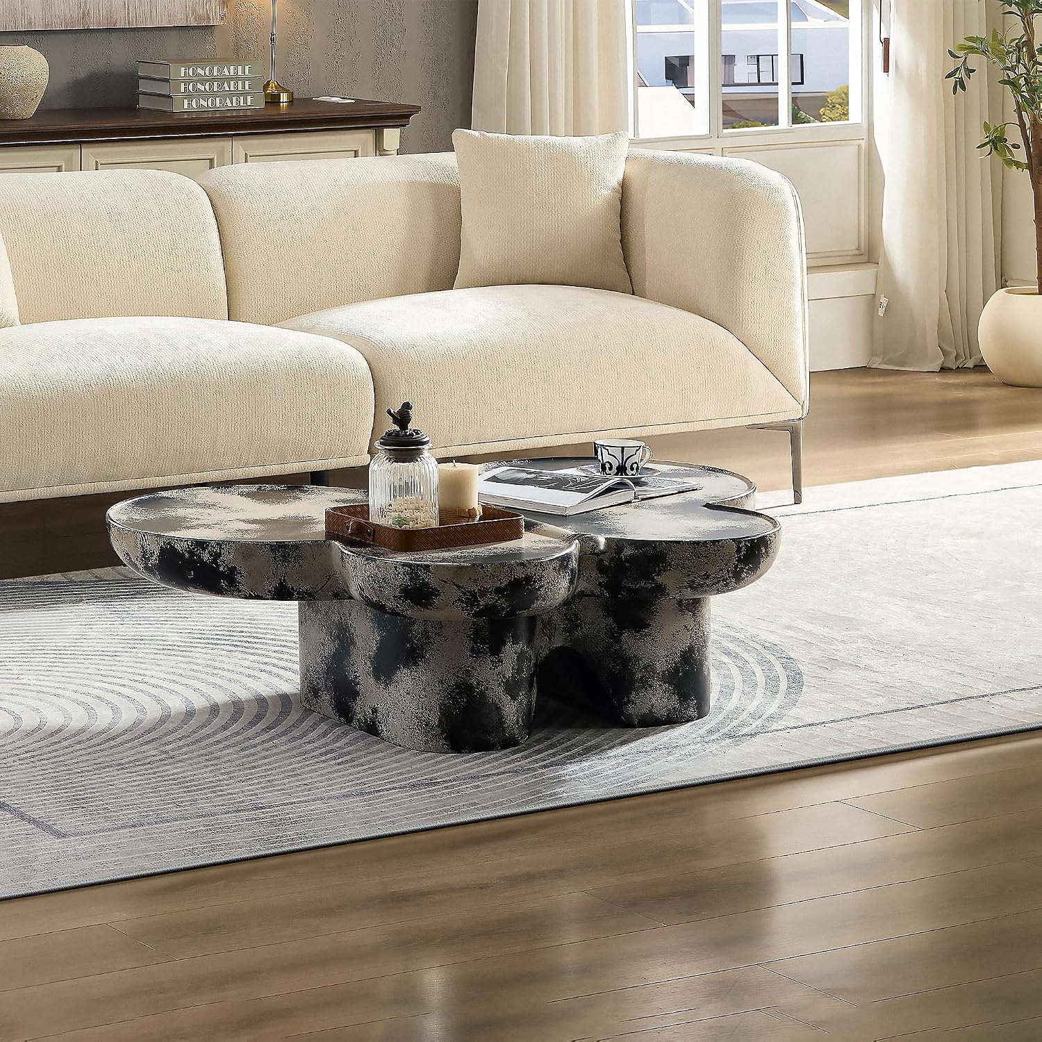 Large 47-inch Modern Glass Top Coffee Table, Mid-Century Light Gray & Black Accent Table for Spacious Living Room, Lounge or Office (L.Gray + Black)