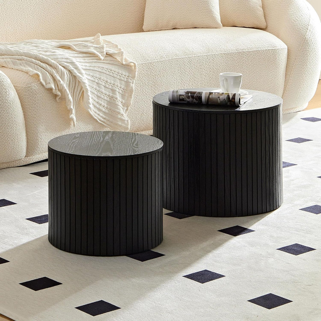 MEETAKING 19Inch Nesting Coffee Table Set of 2,Modern Round Wooden Coffee Tables,Plenty of Storage Space, Natural Wood Veneer,for Small Space Living Room Apartment (Black)