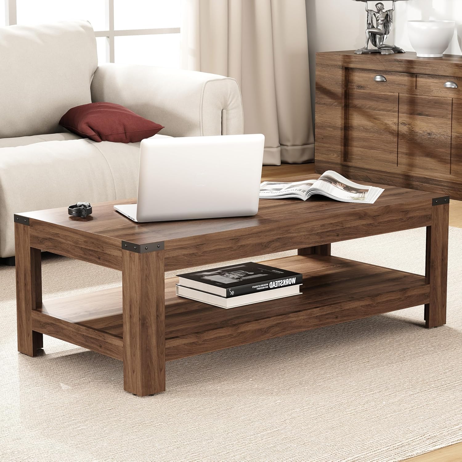 Farmhouse Coffee Table 47.2'', 2-Tier Coffee Table with Storage for Living Room, Modern Rustic Wooden Center Table, Cocktail Tea Table, Easy Assembly