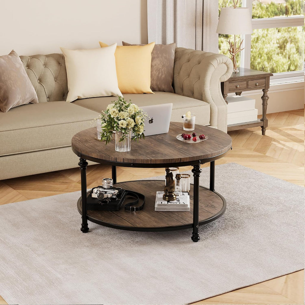 2-Tier Round Coffee Table with Storage Shelf, Rustic Wood and Metal Cocktail Table, Modern Industrial Center Table for Living Room, Apartment, Small Spaces
