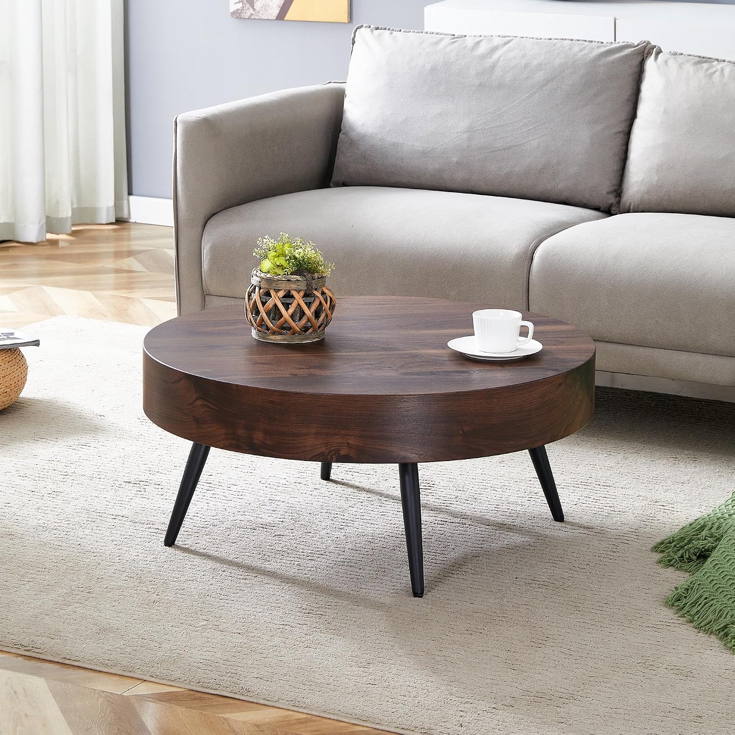 Round Coffee Table with Storage Walnut Wood Coffee Table for Living Room Mid Century Modern Coffee Tables