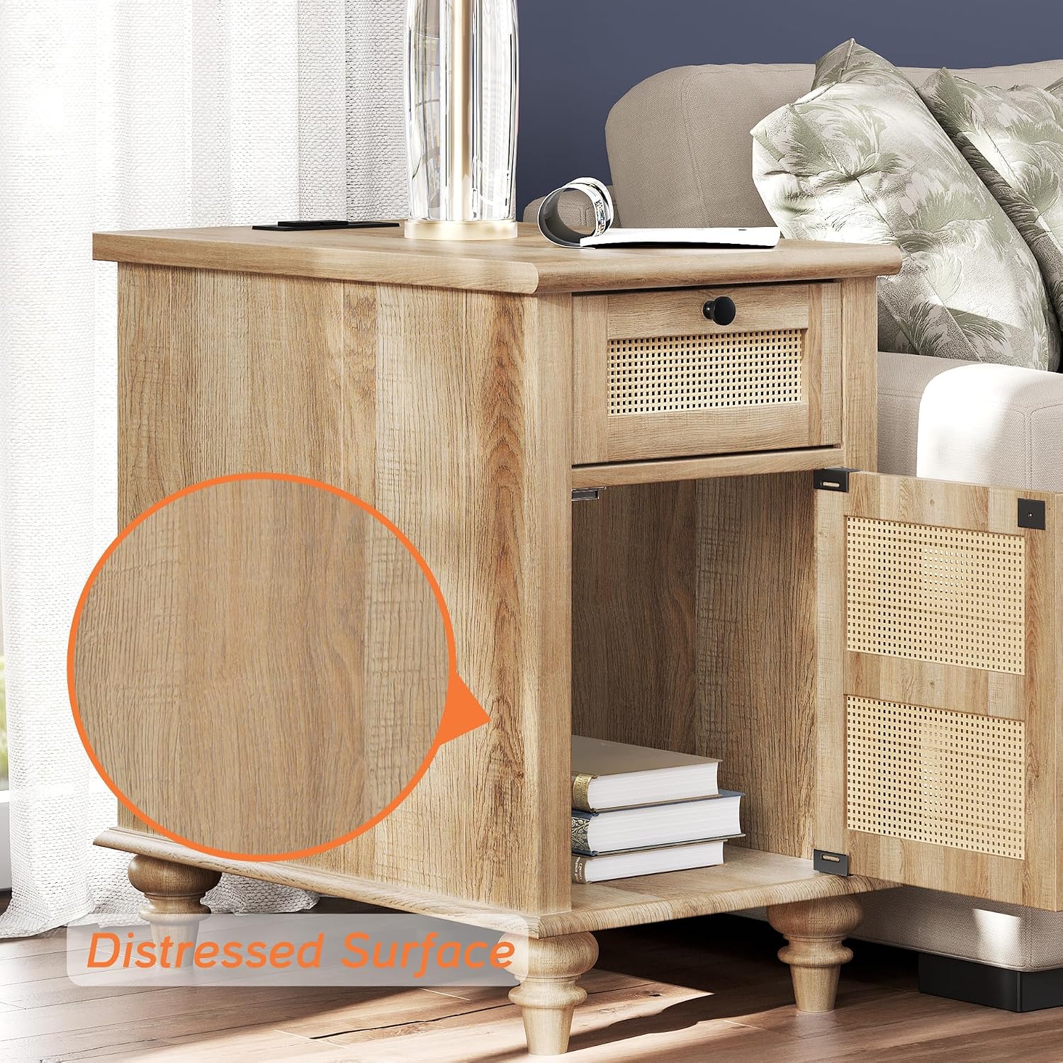 WAMPAT 3 Pieces Living Room Table Set, One Farmhouse Coffee Table with Storage Cabinet & Drawer, Set of 2 Rattan End Tables Nightstands with Charging Station, Oak