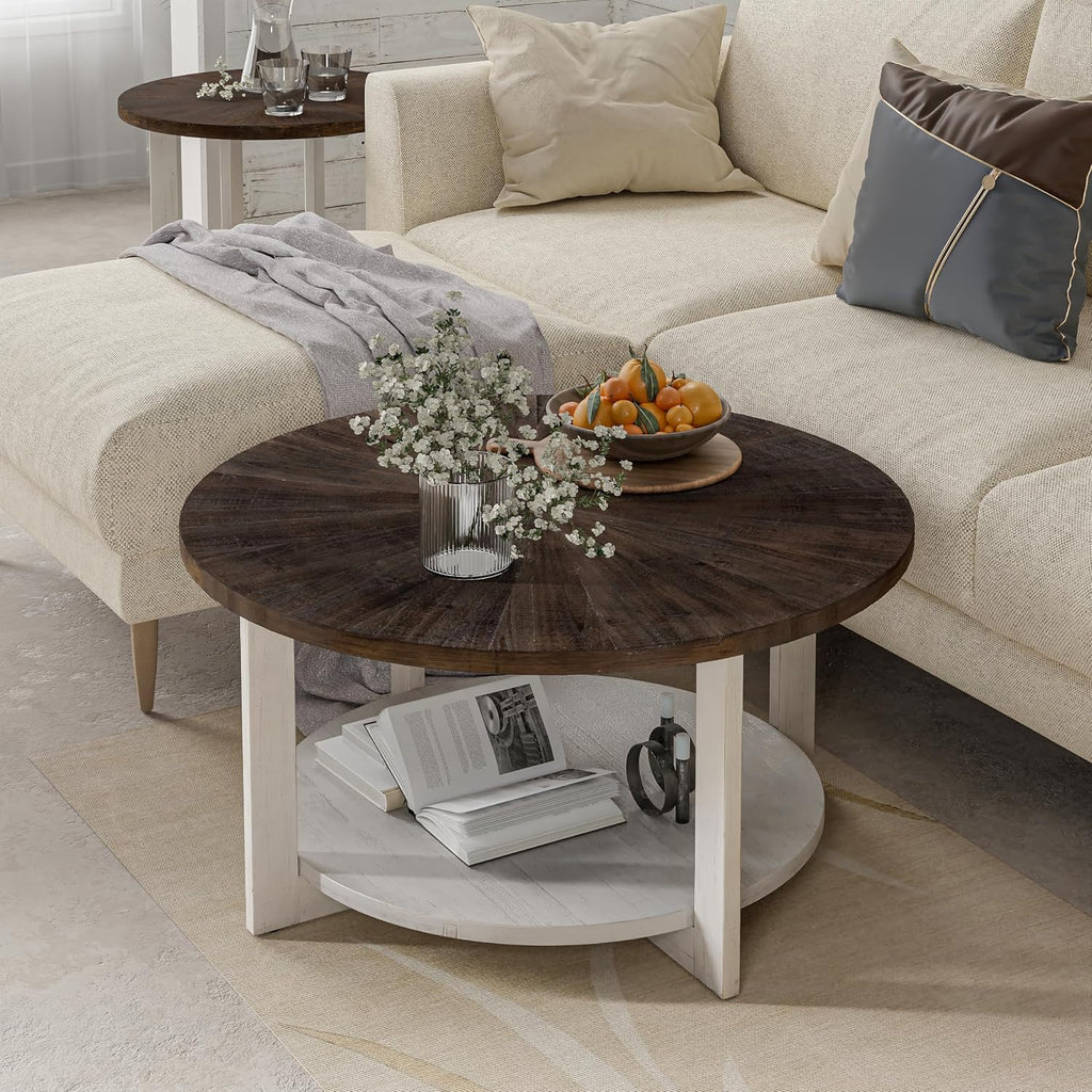 Round Wood Coffee Table with Distressed Finish Top, Two-Tone Living Room Table with Lower Storage Shelf, Farmhouse Center Table, Large Circle, Brown and White