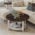 Round Wood Coffee Table with Distressed Finish Top, Two-Tone Living Room Table with Lower Storage Shelf, Farmhouse Center Table, Large Circle, Brown and White