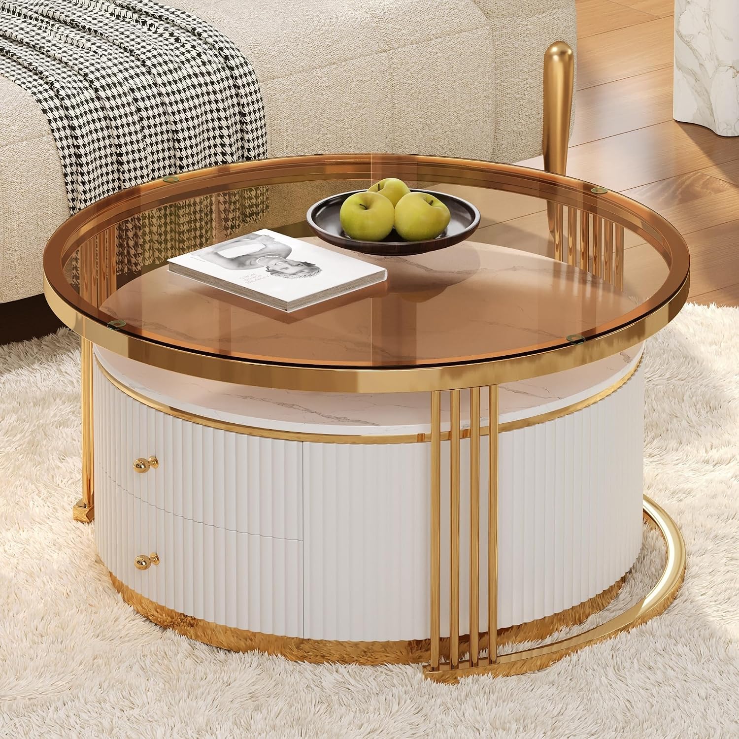 Modern 2 Pieces Round Nesting Coffee Table with Drawers and Brown Tempered Glass Top（27.6'+23.6'