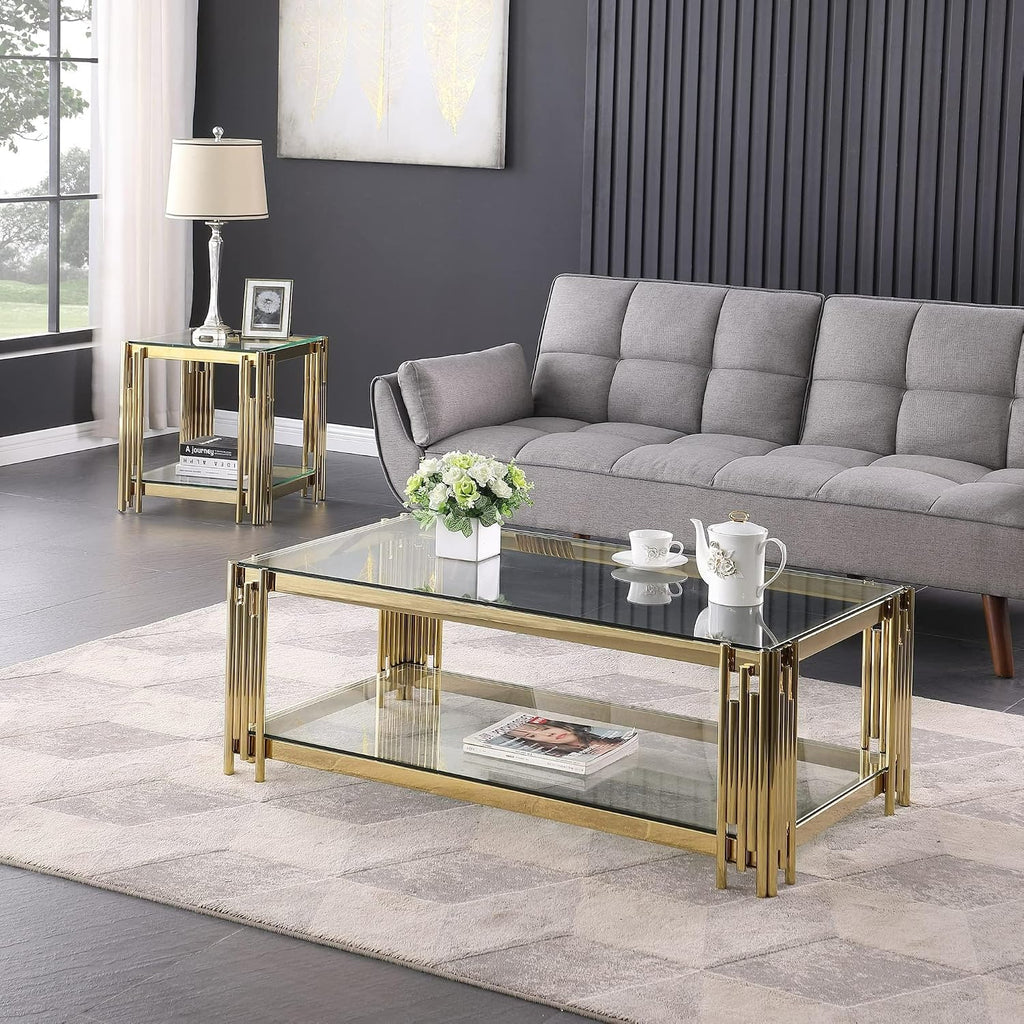 Luxury Gold Glass End Table,Sqaure Sofa Side Table with Shiny Geometric Stainless Steel Base,Clear Glass Accent End Table Bedside Table Nightstand for Living Room Bedroom Office