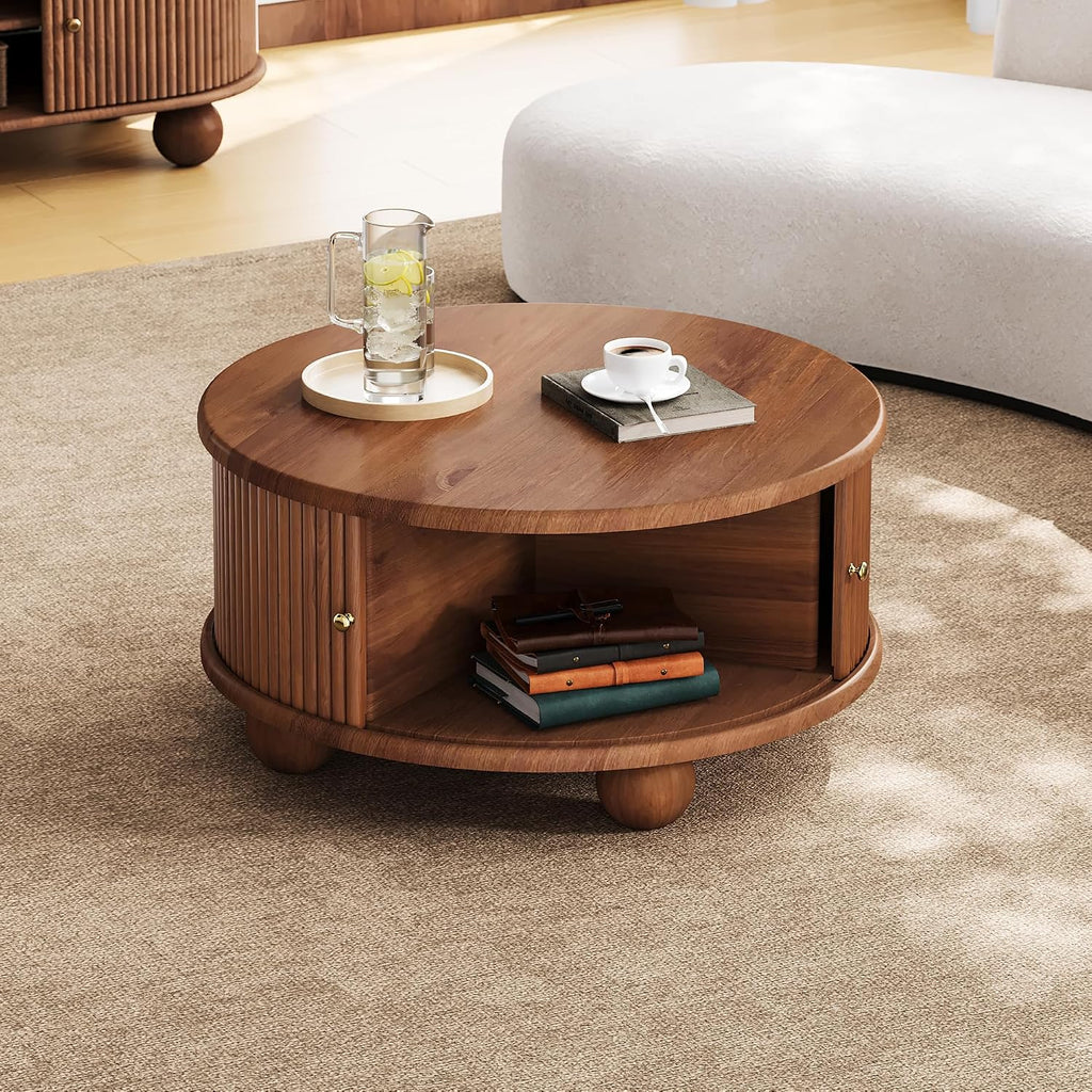 31.8'' Round Coffee Table with Storage Space for Living Room, Modern Fluted Wood Circle Coffee Table, Smooth Sliding Door, Walnut