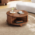 31.8'' Round Coffee Table with Storage Space for Living Room, Modern Fluted Wood Circle Coffee Table, Smooth Sliding Door, Walnut