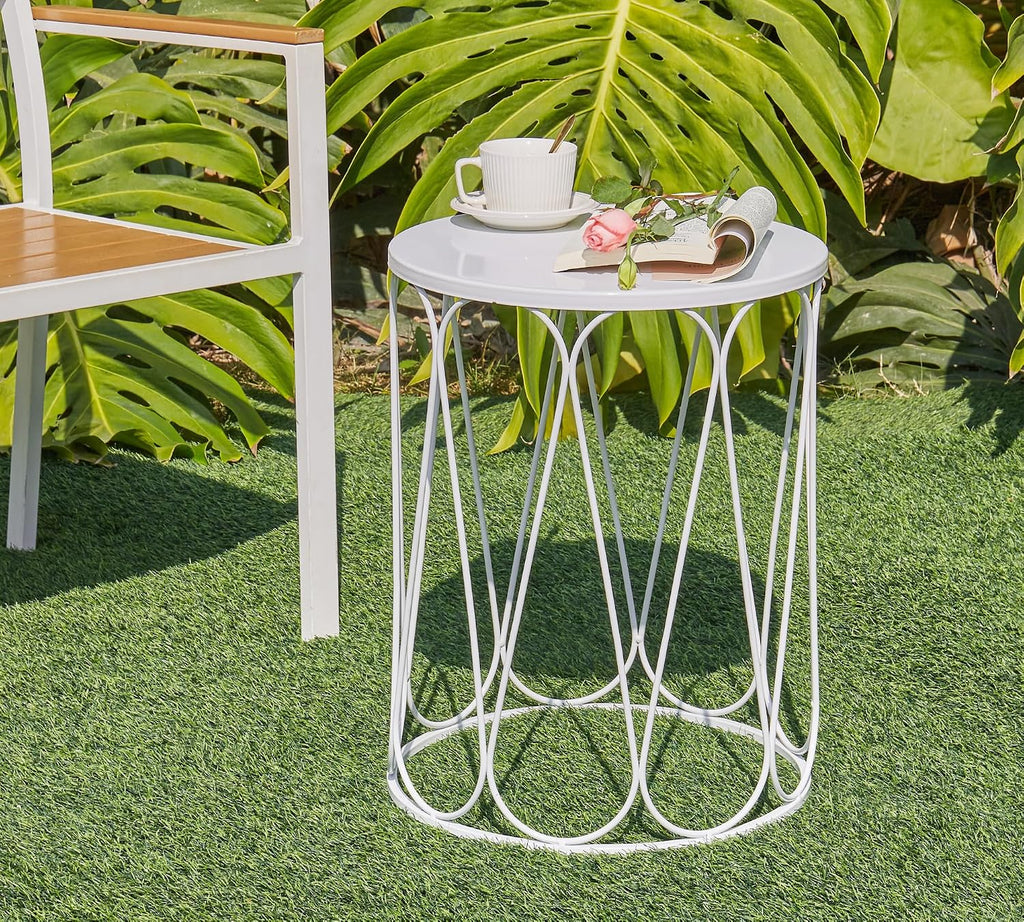 HFHOME Set of 3 Metal Outdoor Side Table, Nesting Round Coffee Table for Indoor Outdoor, Heavy Duty End Tables Plant Stand Living Room Garden Stool - White
